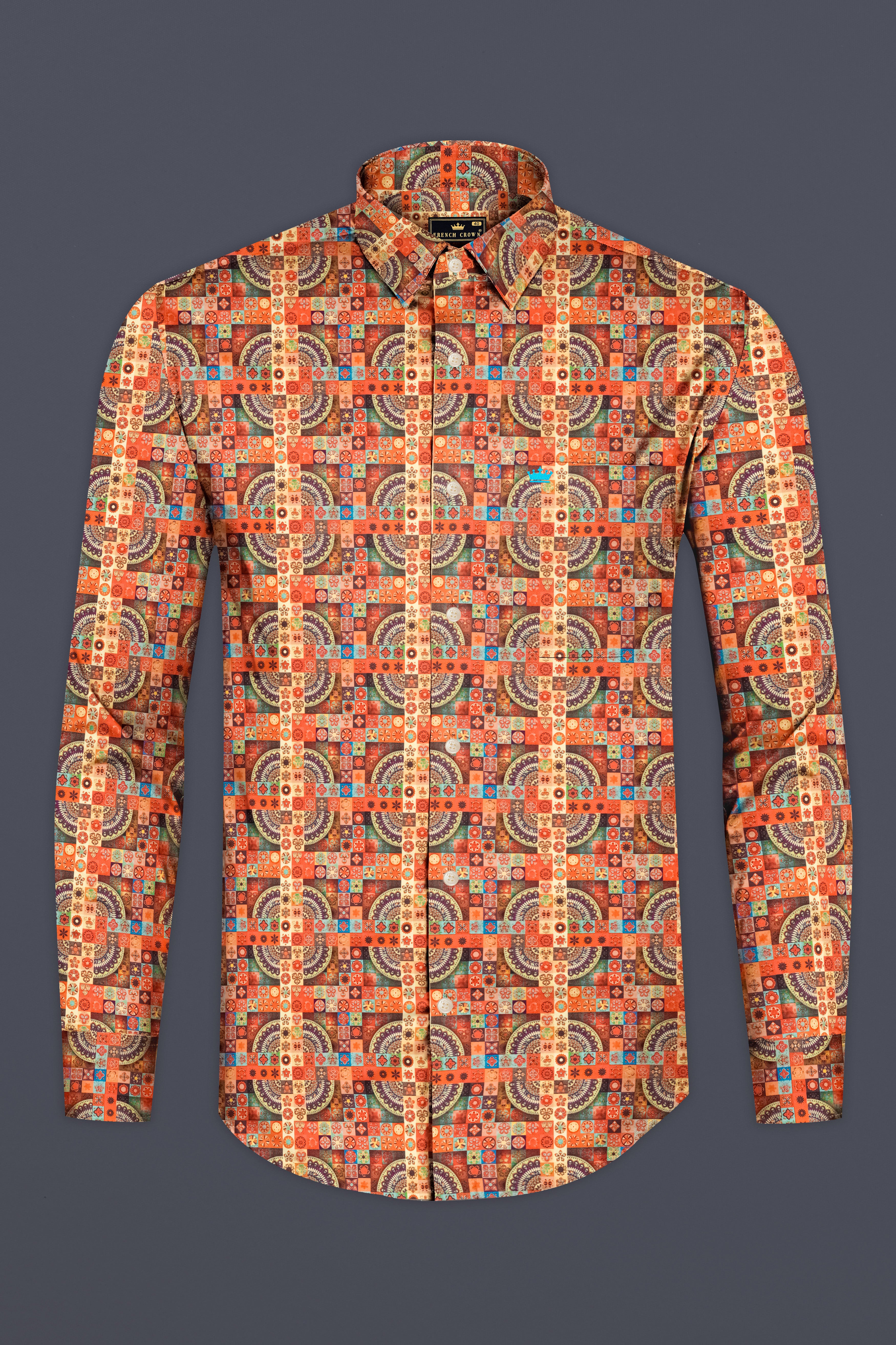 Orienta-Apricot Orange And Oasis Cream Multicolor Mosaic Printed Subtle Sheen Super Soft Premium Cotton Casual Shirt