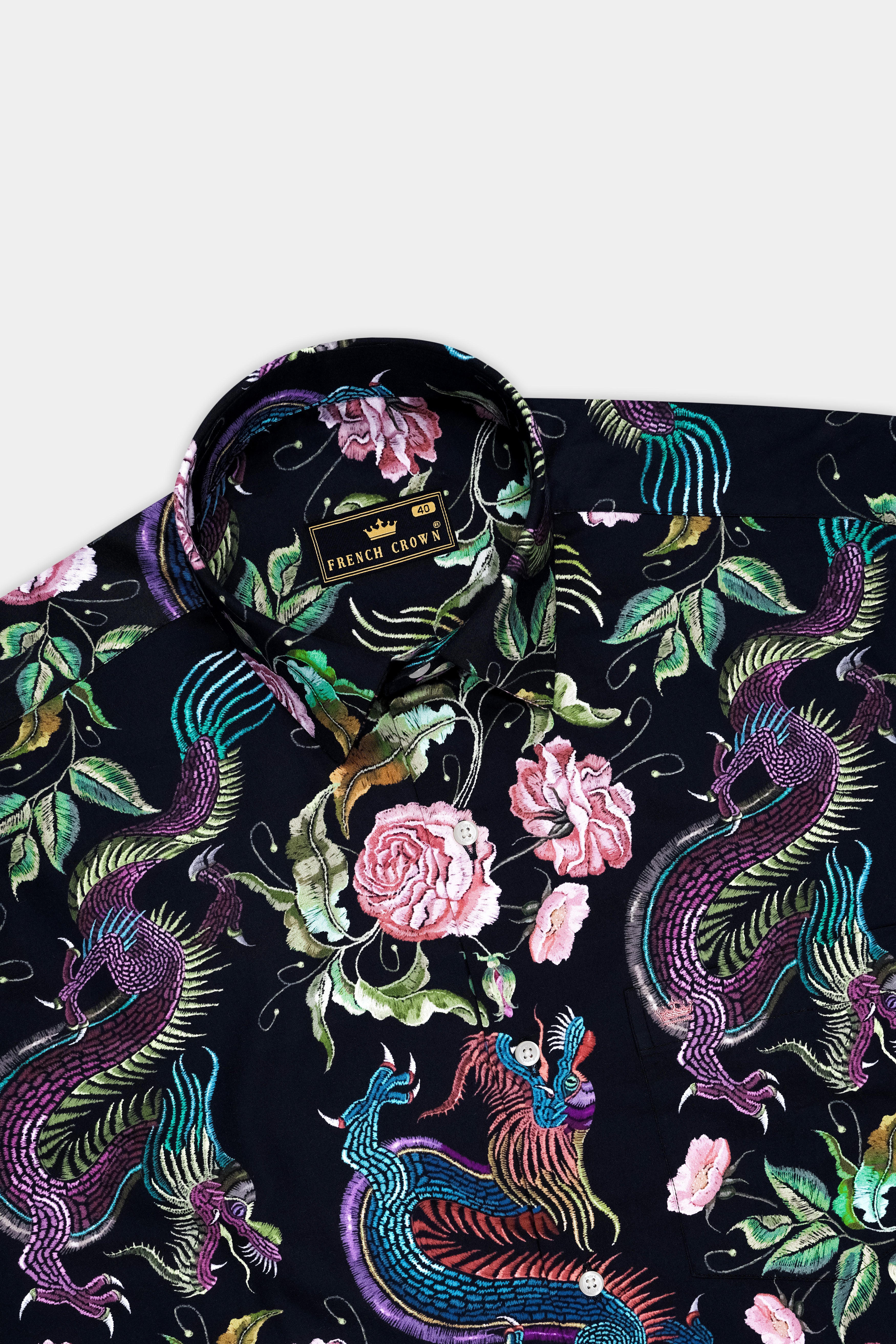 Magnolia-Jade Black And Mauvelous Pink Phoenix & Rose Garden Printed Subtle Sheen Super Soft Premium Cotton Casual Shirt