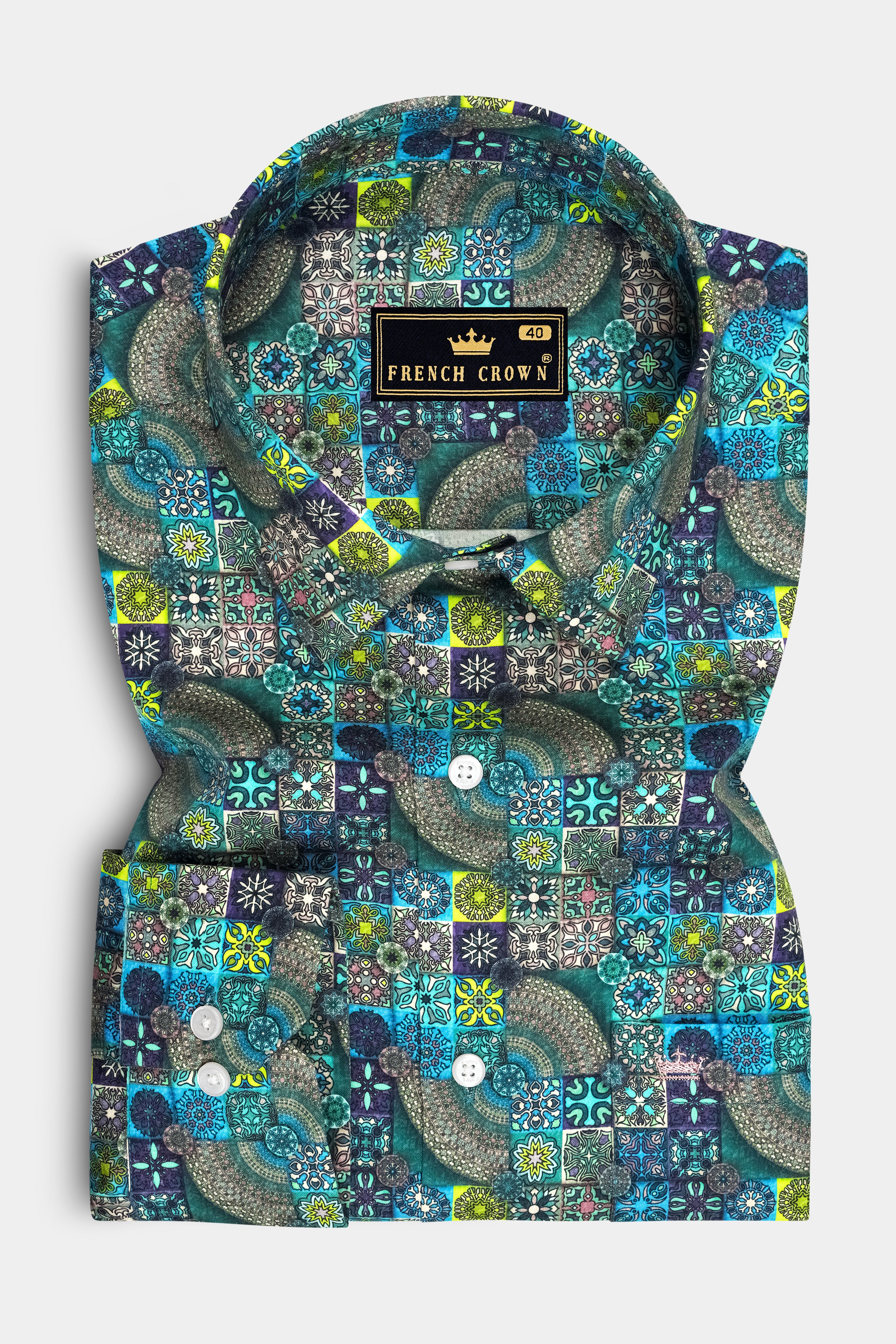 Eclat-Castleton Green And Venice Blue Multicolor Mosaic Printed Subtle Sheen Super Soft Premium Cotton Casual Shirt