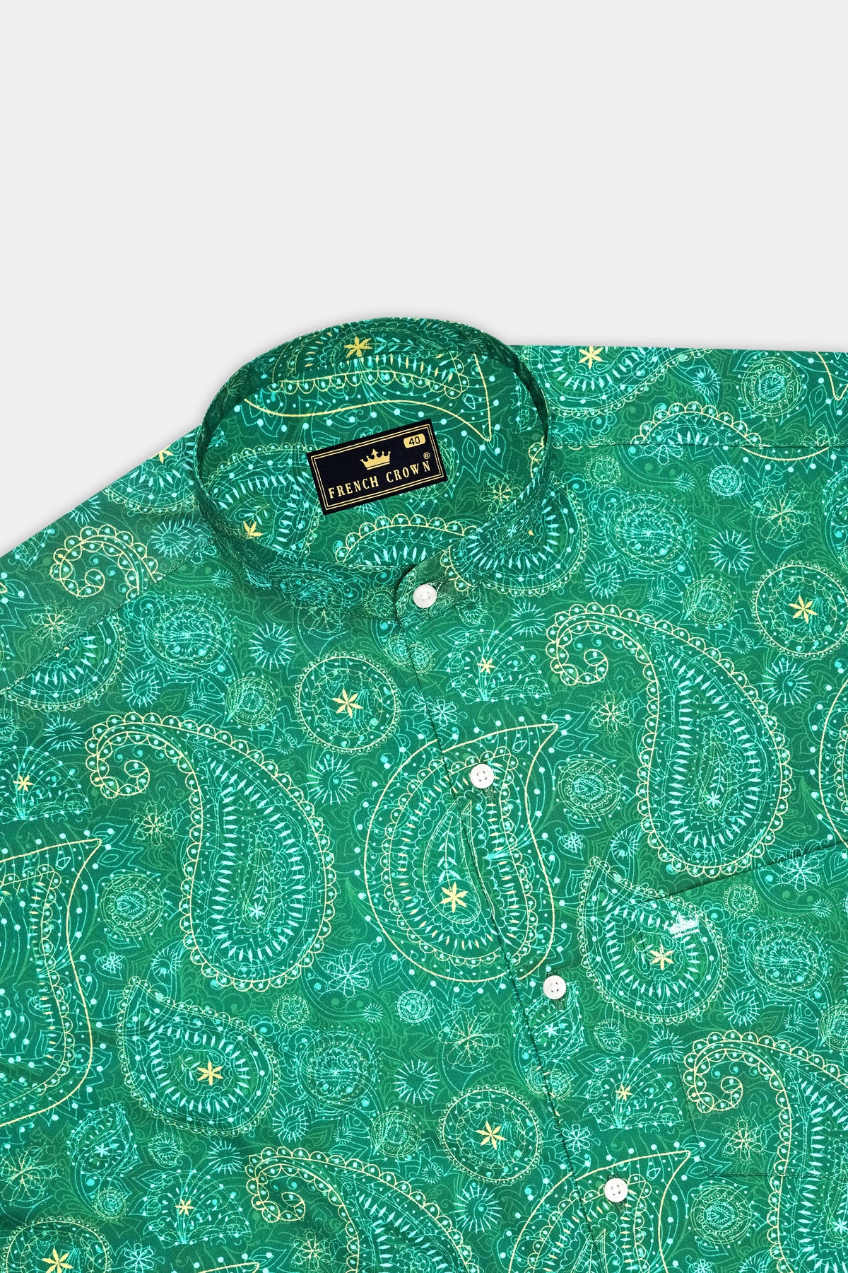 Verdelle-Tropical Green Ornamental Paisley Printed Subtle Sheen Super Soft Premium Cotton Mandarin Casual Shirt