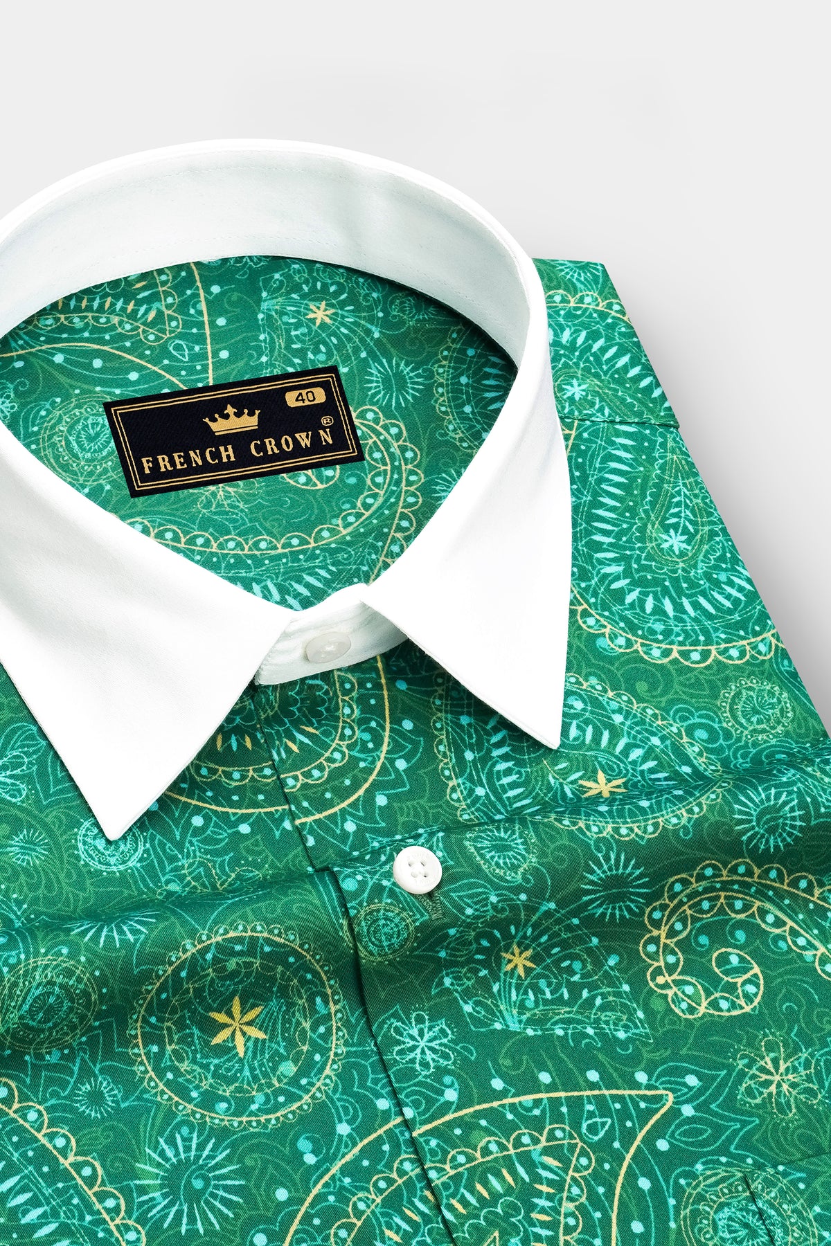 Verdelle-Tropical Green Ornamental Paisley Printed Subtle Sheen Super Soft Premium Cotton White Cuff Collar Dress Shirt