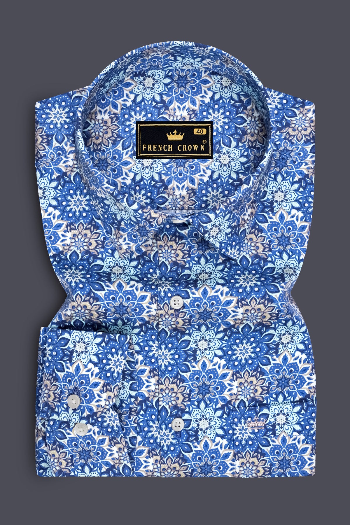 Fiorenzo-Bluish Blue and Swan Cream Floral Medallion Printed Subtle Sheen Super Soft Premium Cotton Dress Shirt
