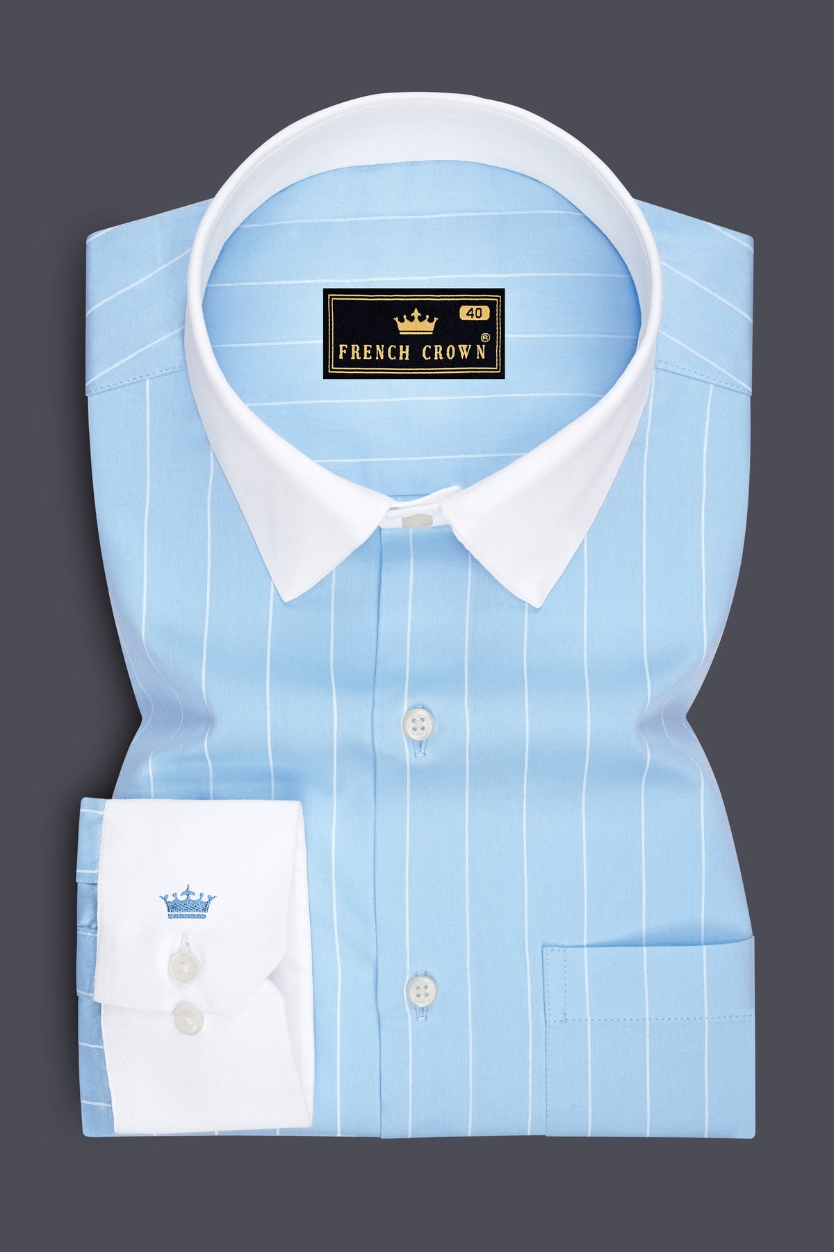 Striata-Hawkes Blue and Bright White Pin Striped Subtle Sheen Super Premium Cotton White Cuff Collar Dress Shirt
