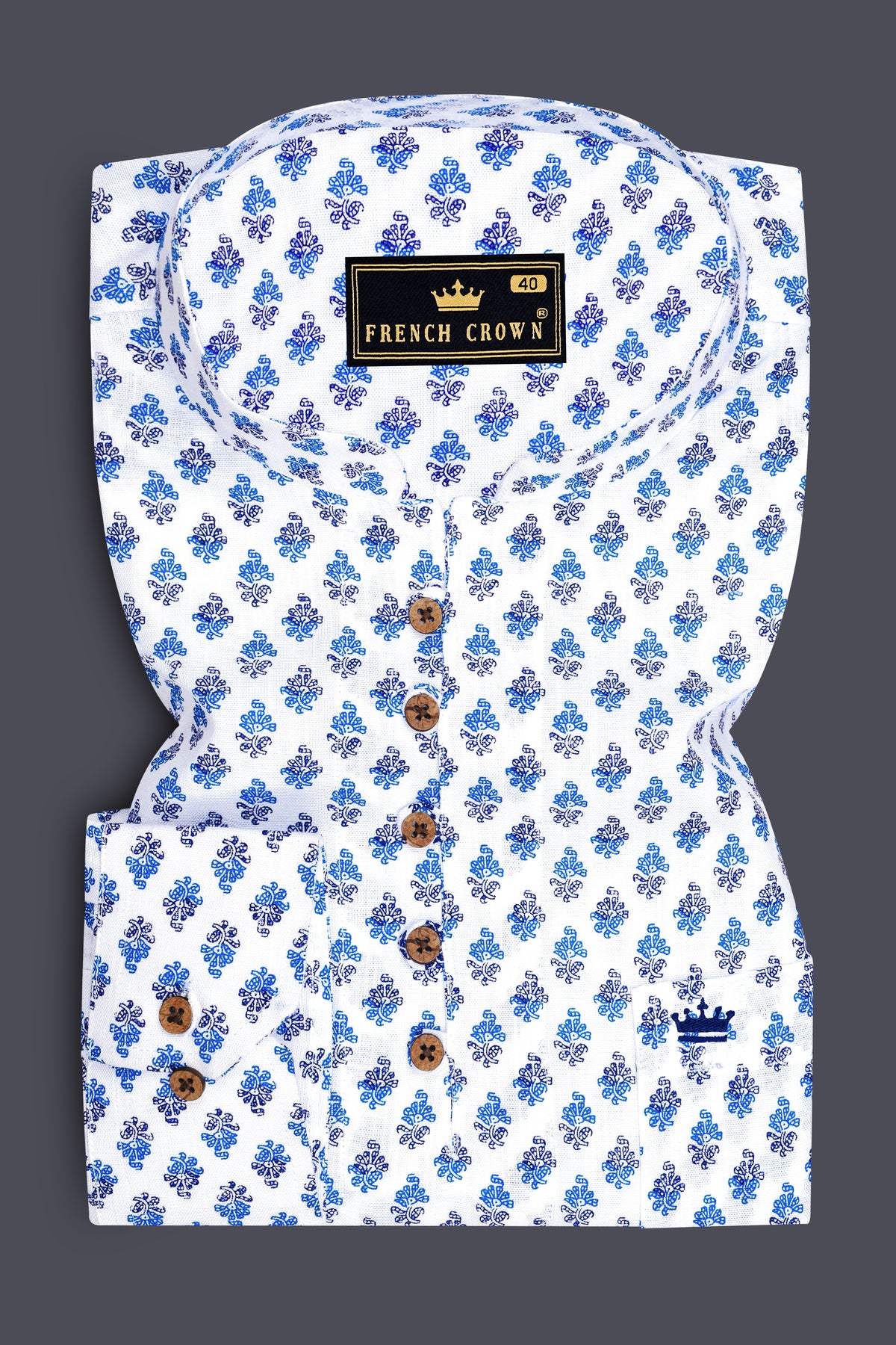 Sereno-Bright White And Tufts Blue Floral Printed Luxurious Linen Casual Kurta Shirt