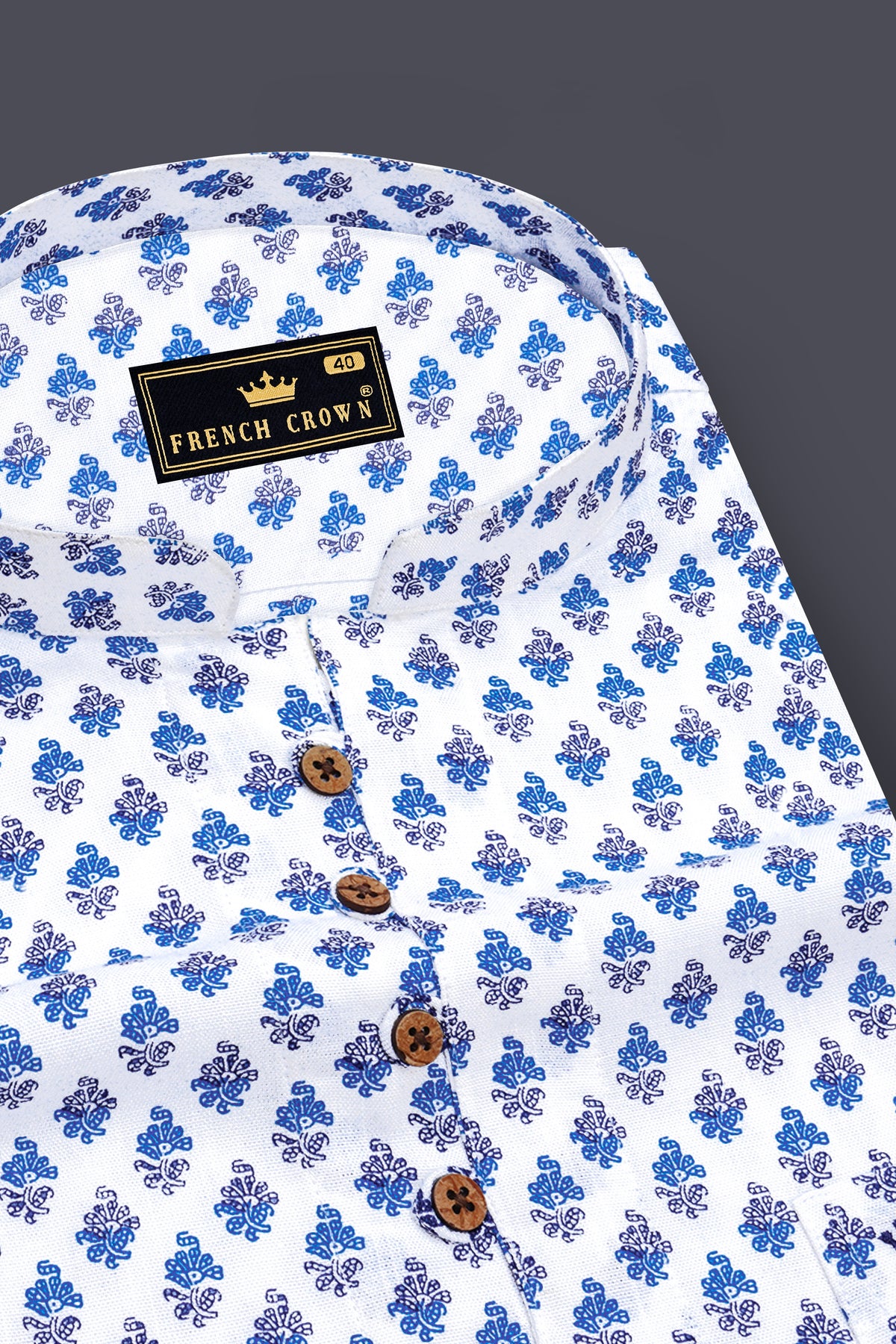 Sereno-Bright White And Tufts Blue Floral Printed Luxurious Linen Casual Kurta Shirt