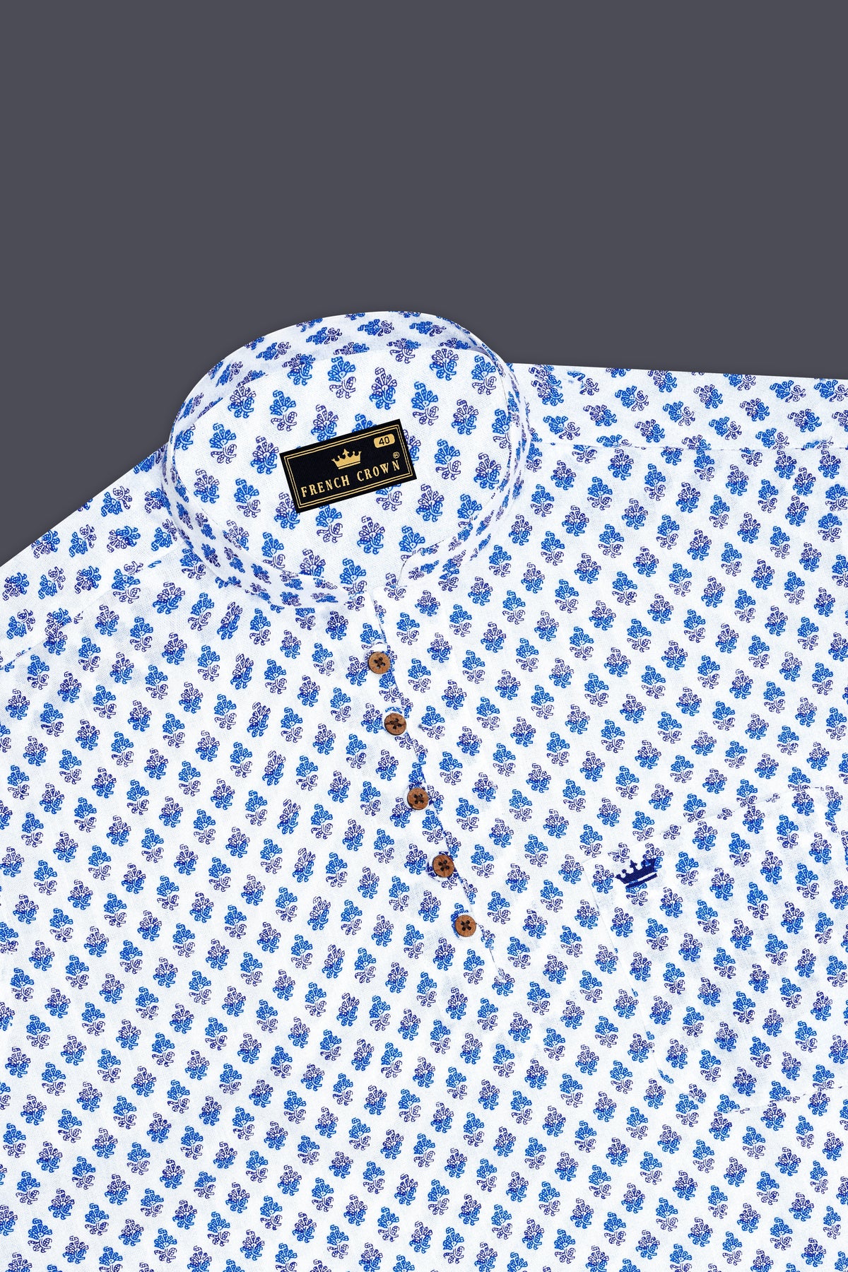 Sereno-Bright White And Tufts Blue Floral Printed Luxurious Linen Casual Kurta Shirt