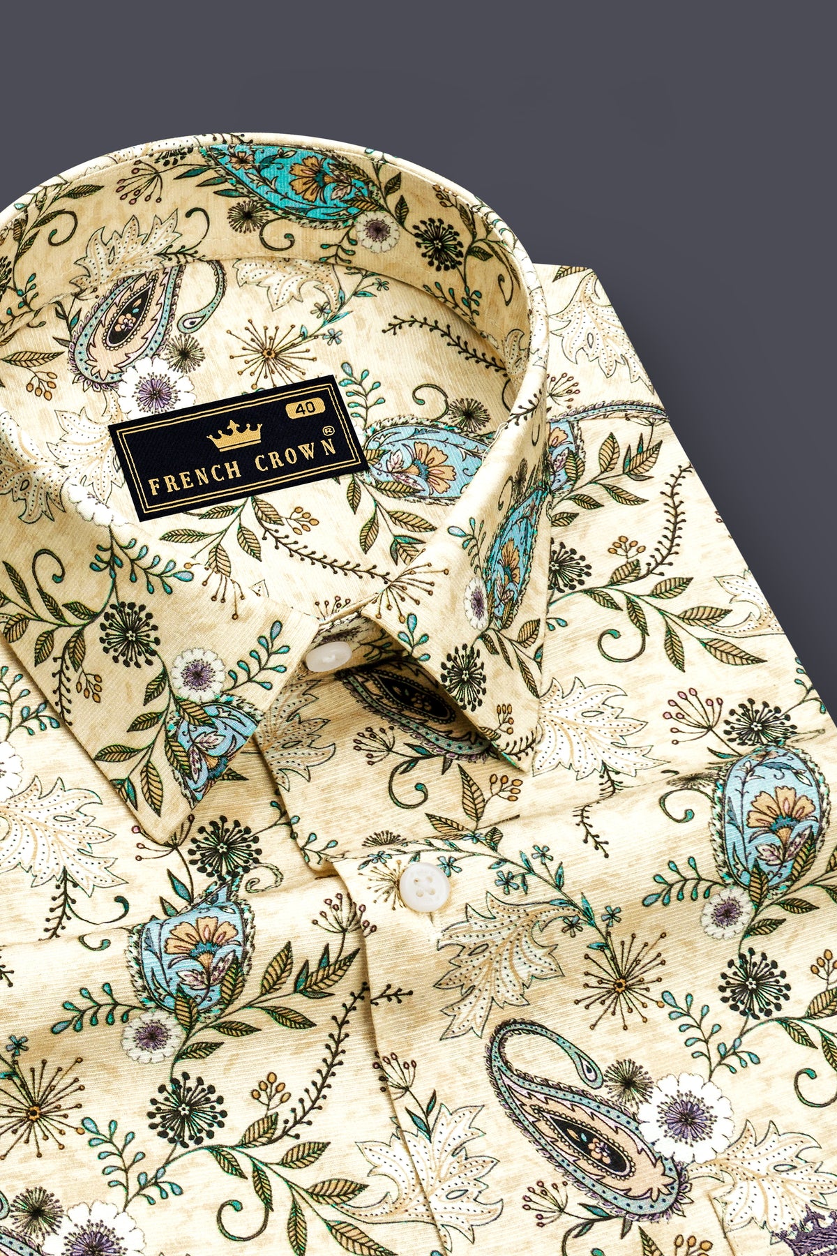 Aquarelle-Mania Cream And Aqua Blue Vintage Paisley Floral Printed Luxurious Linen Dress Shirt