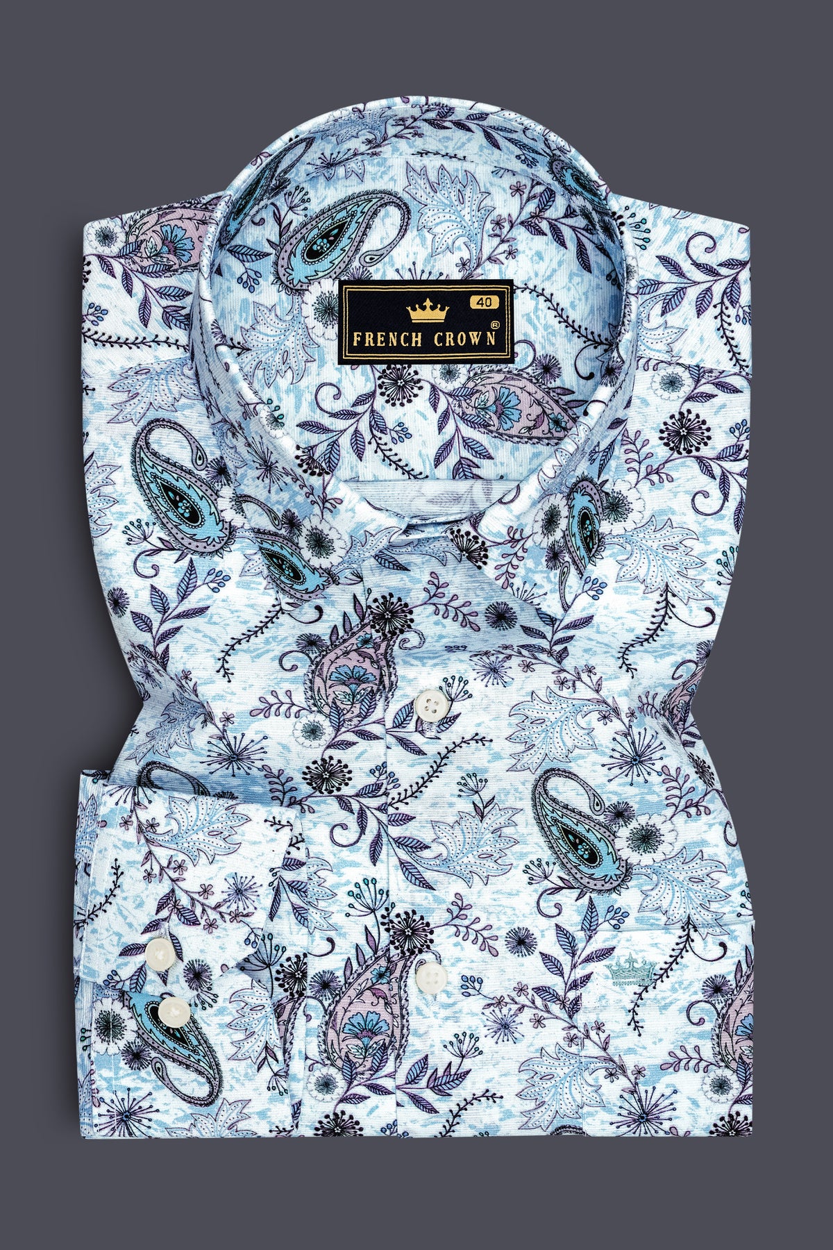 Virello-Rock Blue Vintage Paisley Floral Printed Luxurious Linen Dress Shirt