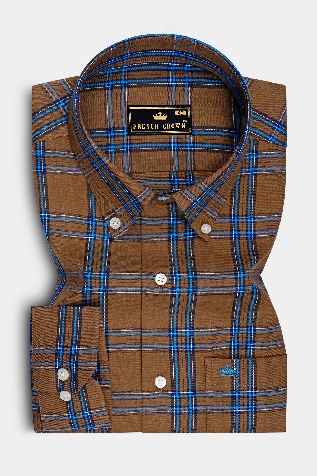 Tartan-Quincy Brown And Bluish Blue Plaid Twill Premium Cotton Button Down Casual Shirt