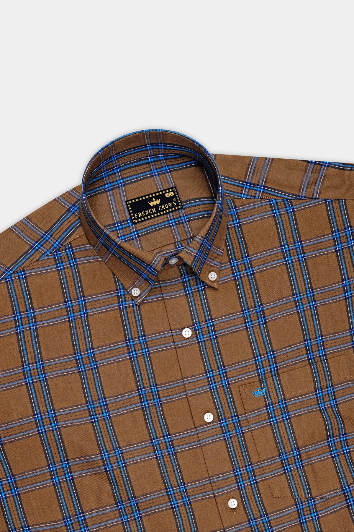 Tartan-Quincy Brown And Bluish Blue Plaid Twill Premium Cotton Button Down Casual Shirt