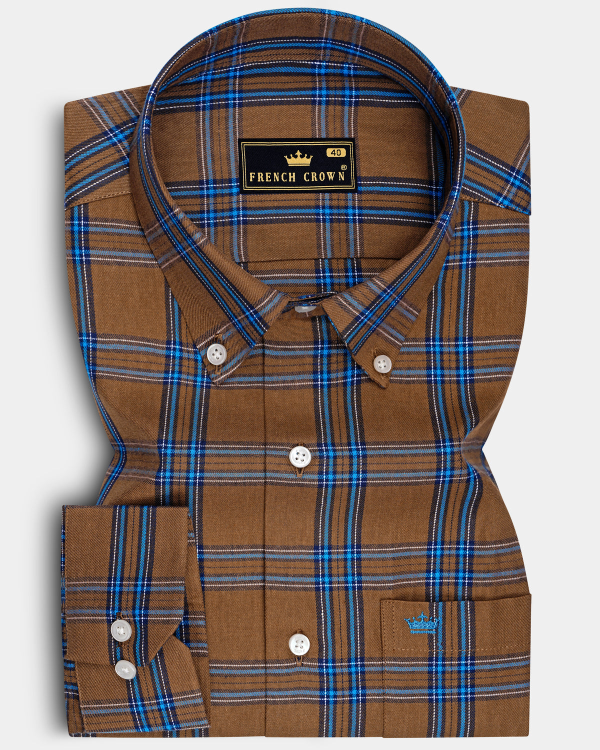 Tartan-Quincy Brown And Bluish Blue Plaid Twill Premium Cotton Button Down Casual Shirt