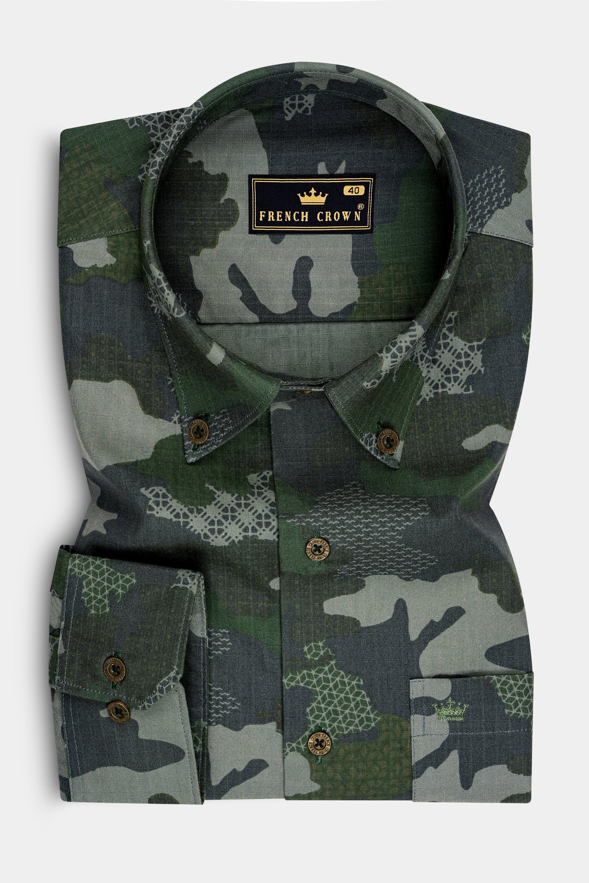 Cypress-Abbey Gray And Lunar Green Camouflage Printed Oxford Premium Cotton Dress Shirt