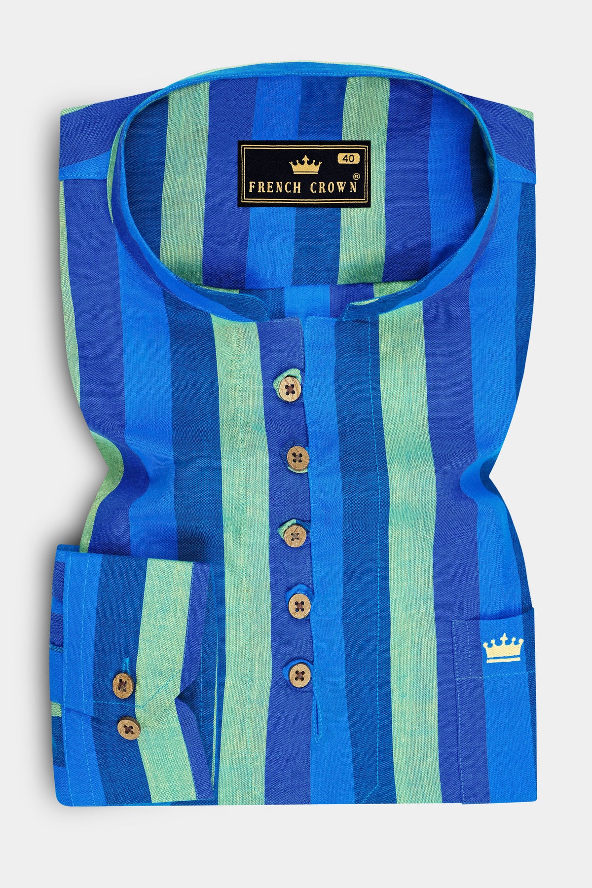 Elysian-Tory Blue And Surf Green Striped Luxurious Linen Casual Kurta Shirt