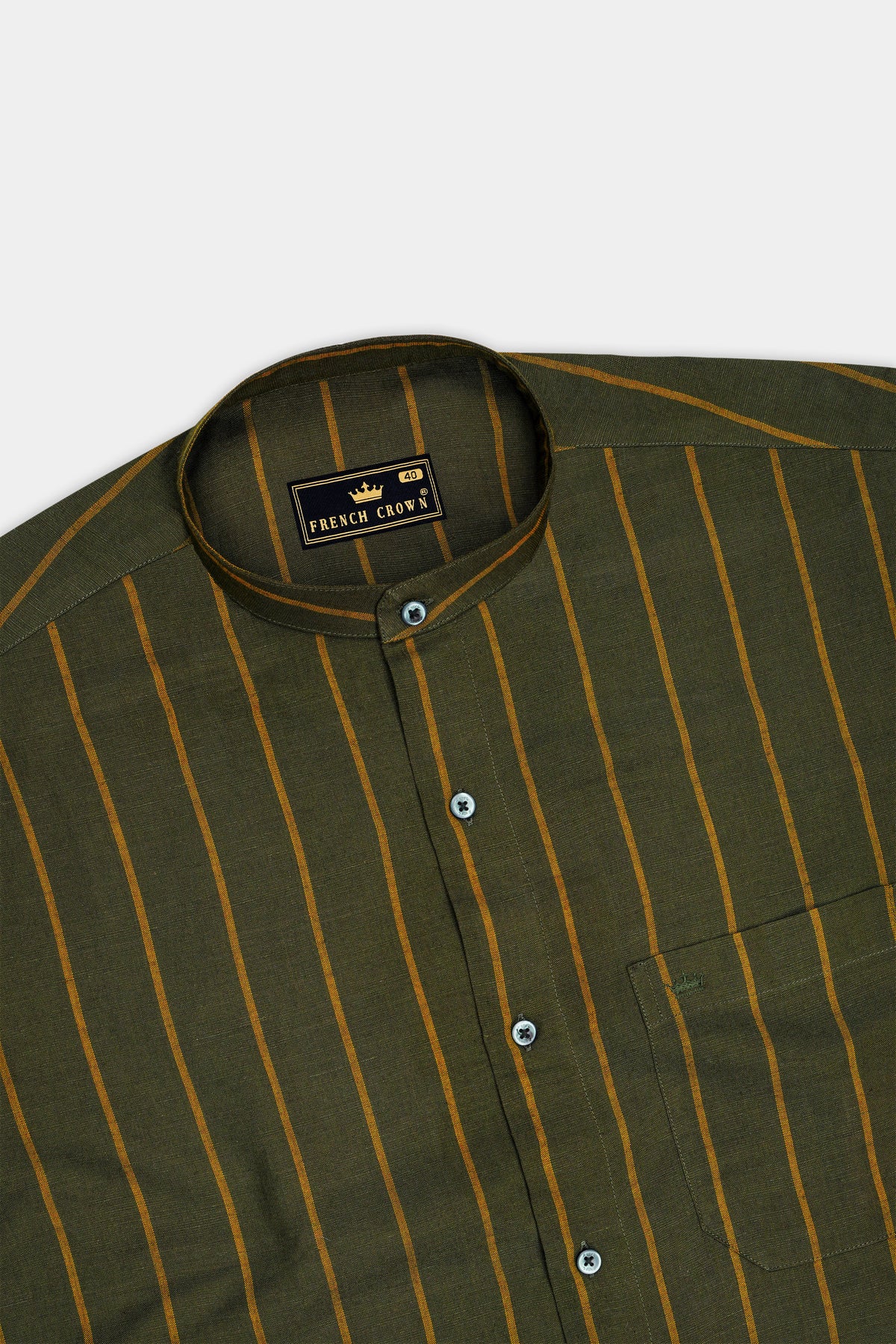 Terra-Lisbon Green And Sienna Brown Striped Luxurious Linen Mandarin Casual Shirt