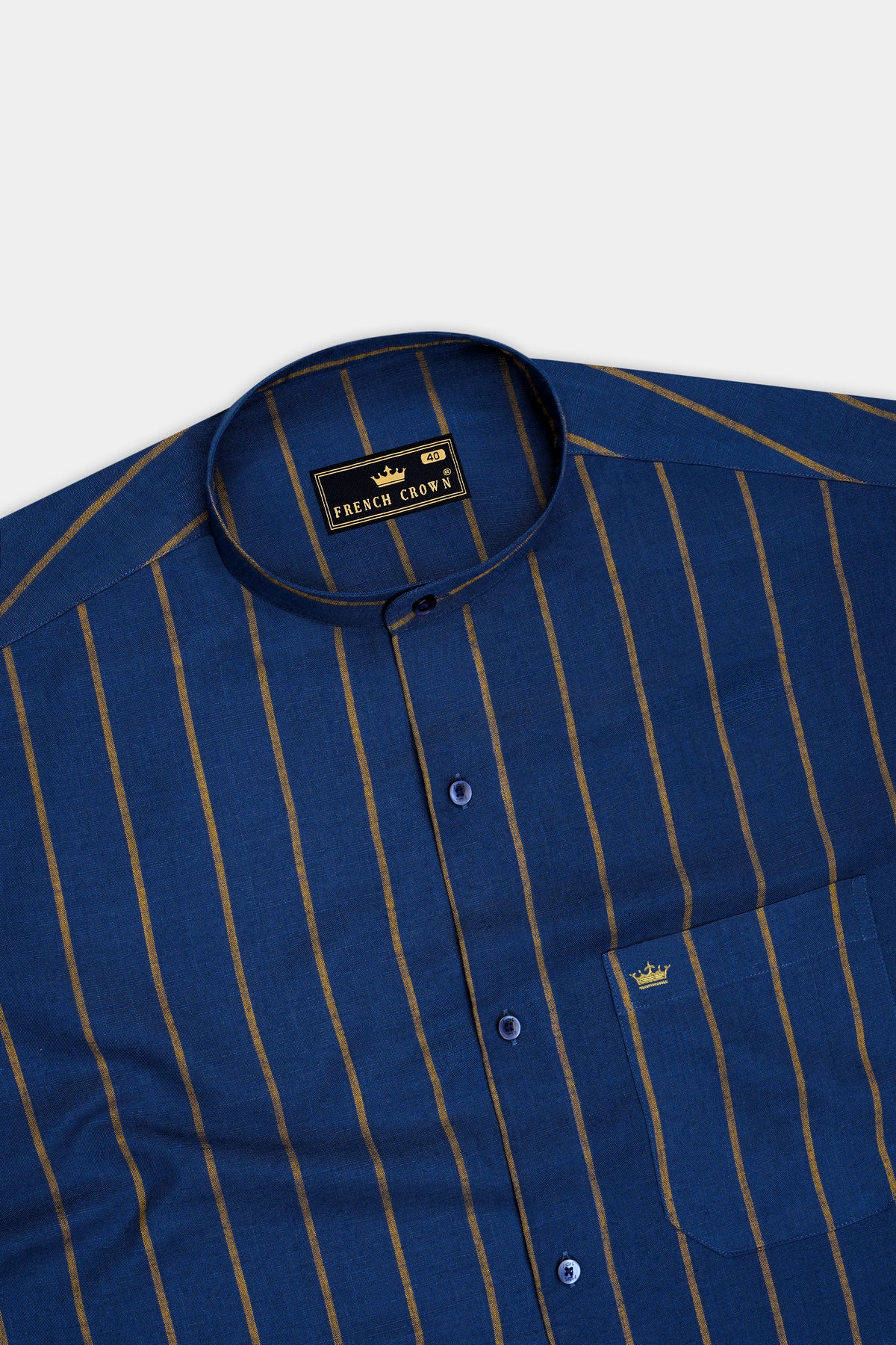 Sirocco-Marine Blue And Desert Brown Striped Luxurious Linen Mandarin Casual Shirt