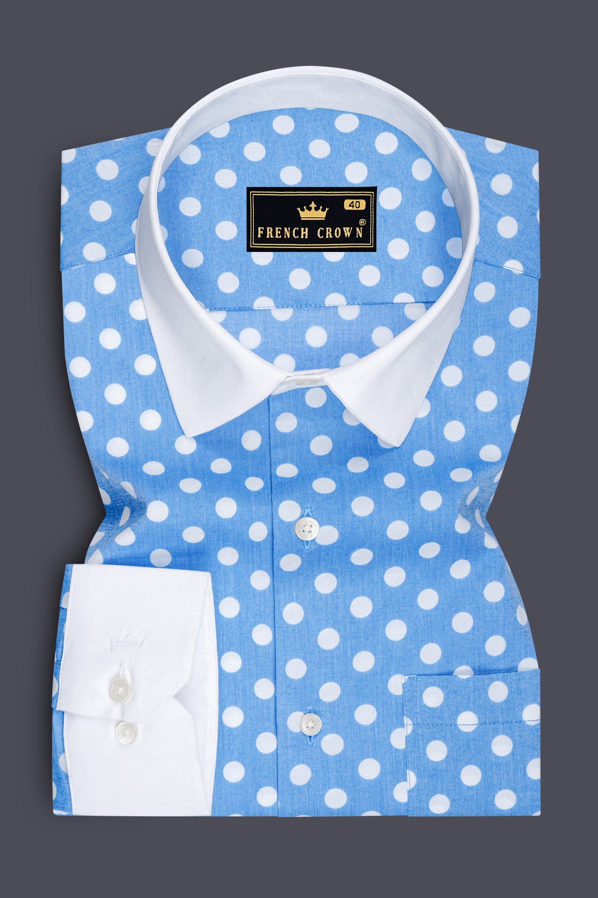 Azure-Moonstone Blue And Bright White Chambray Polka Dot White Cuff Collar Semi Formal Shirt