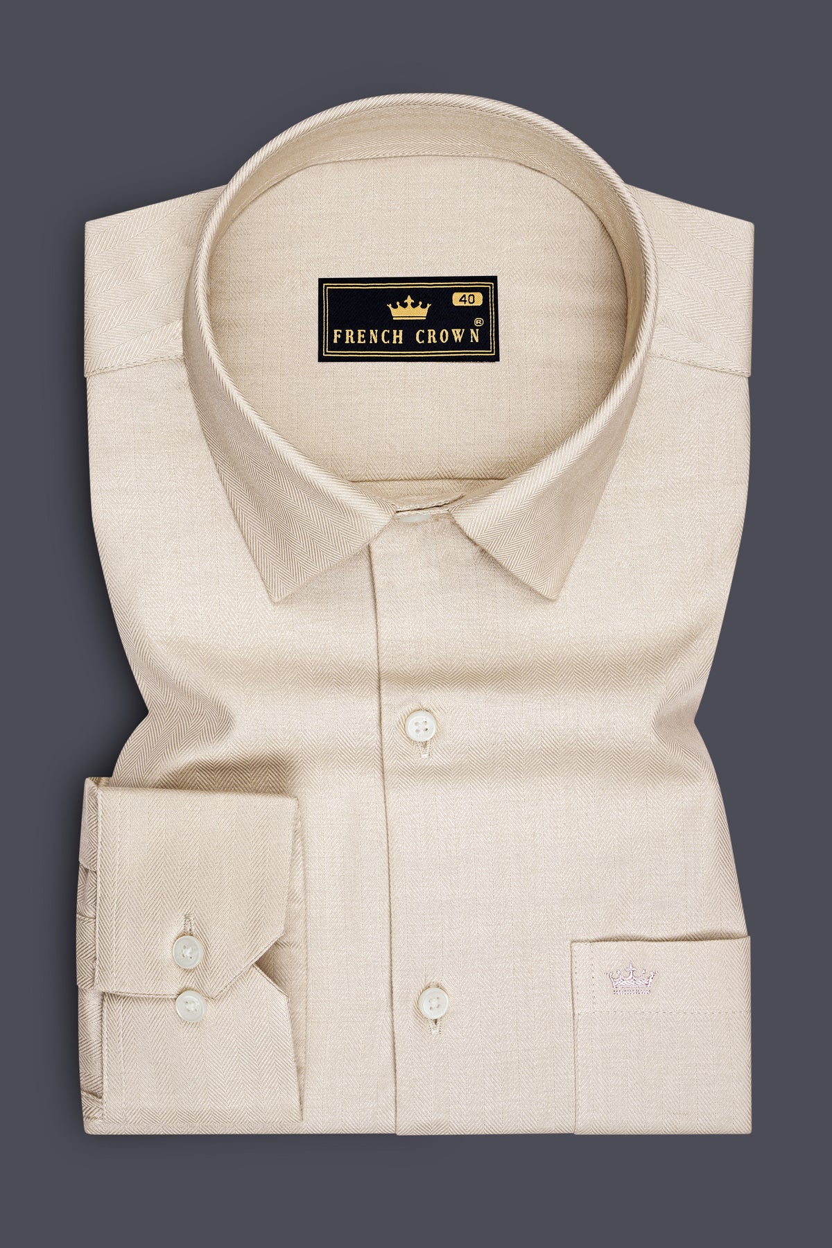 Lumin-Almond Cream Herringbone Textured Premium Cotton Dress Shirt