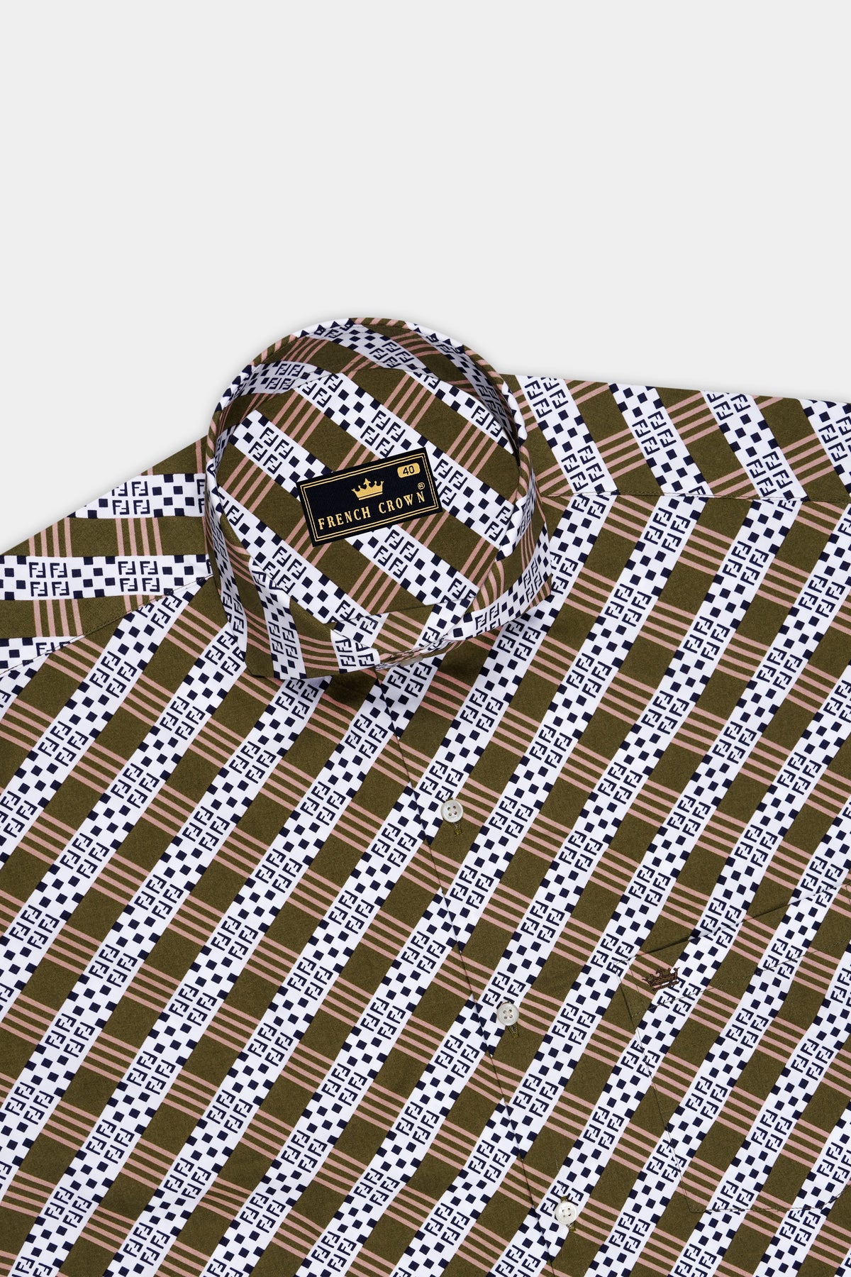 Heirloom-Woodland Brown And Bright White Heritage Monogram Printed Subtle Sheen Super Soft Premium Cotton Cut Away Casual Shirt