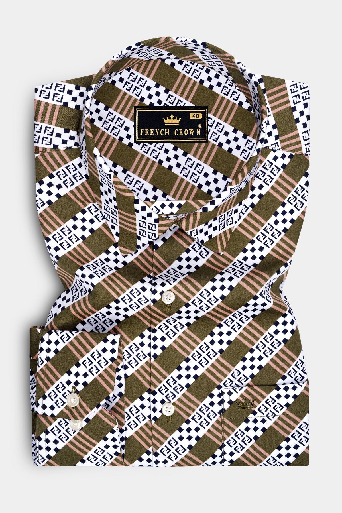 Heirloom-Woodland Brown And Bright White Heritage Monogram Printed Subtle Sheen Super Soft Premium Cotton Casual Shirt