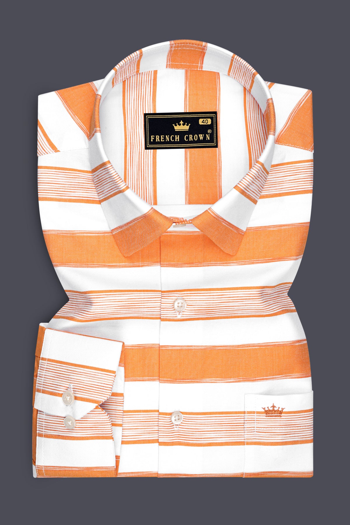 Soleil-Tangerine Orange And Bright White Twill Horizontal Striped Premium Cotton Casual Shirt