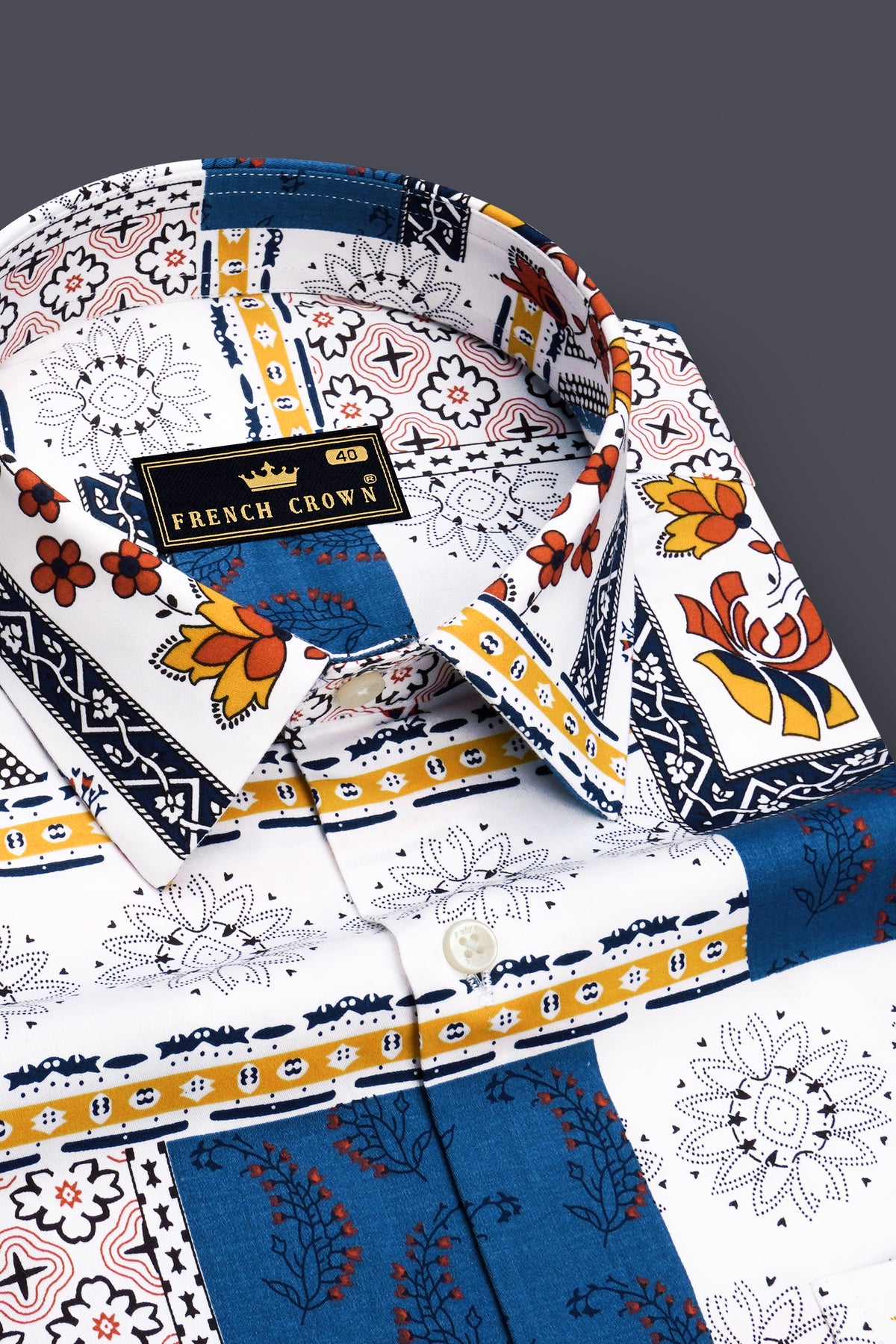 Mosaic-Bright White And Cobalt Blue Multicolor Floral Geometric Patchwork Printed Subtle Sheen Super Soft Premium Cotton Casual Shirt