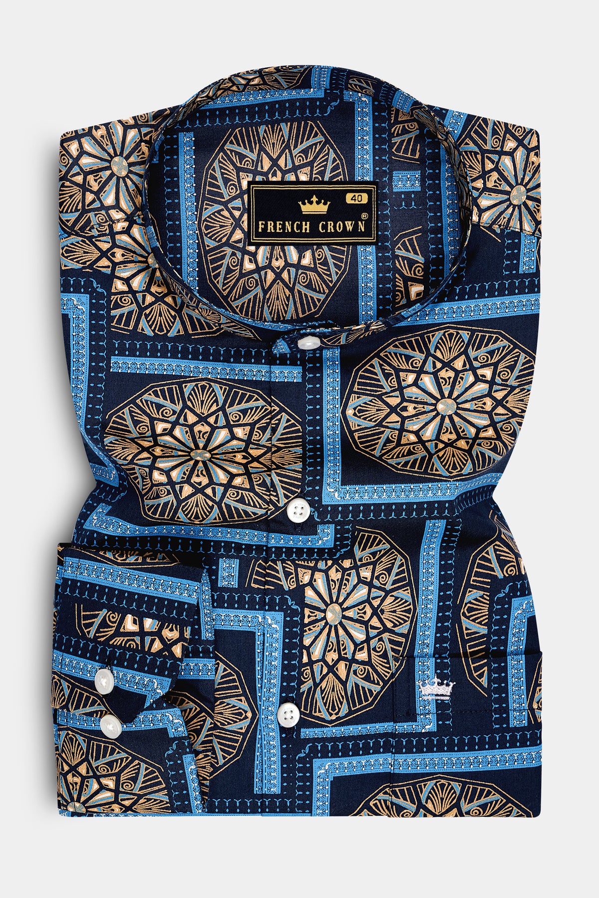 Mandal-Mirage Blue And Tan Brown Multicolor Geometric Medallion Printed Subtle Sheen Super Soft Premium Cotton Mandarin Casual Shirt