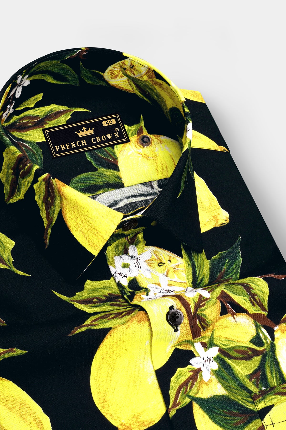 Citrina-Jade Black And Daffodil Yellow Lemon Floral Printed Poplin Giza Cotton Casual Shirt