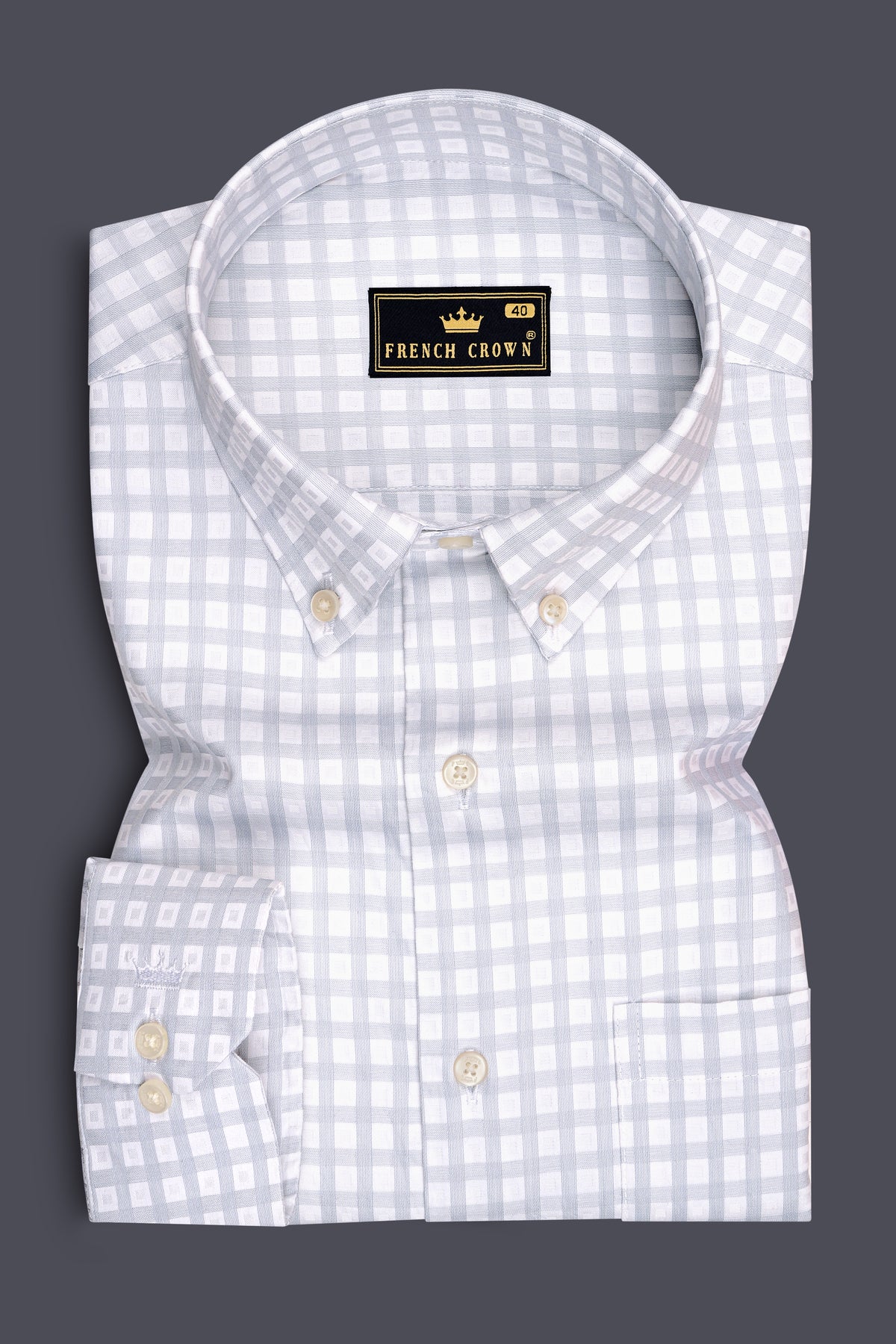 Sterling-Bright White And Timberwolf Gray Plaid Dobby Premium Giza Cotton Button Down Semi Formal Shirt