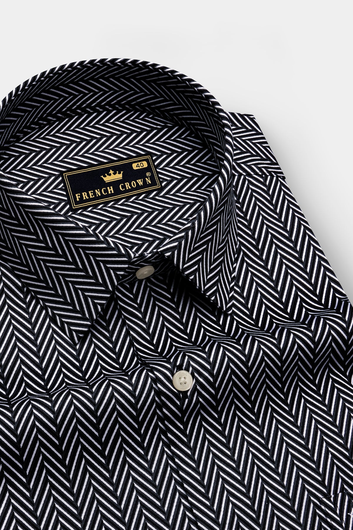 Noire-Jade Black And Bright White Herringbone Printed Subtle Sheen Super Soft Premium Cotton Casual Shirt