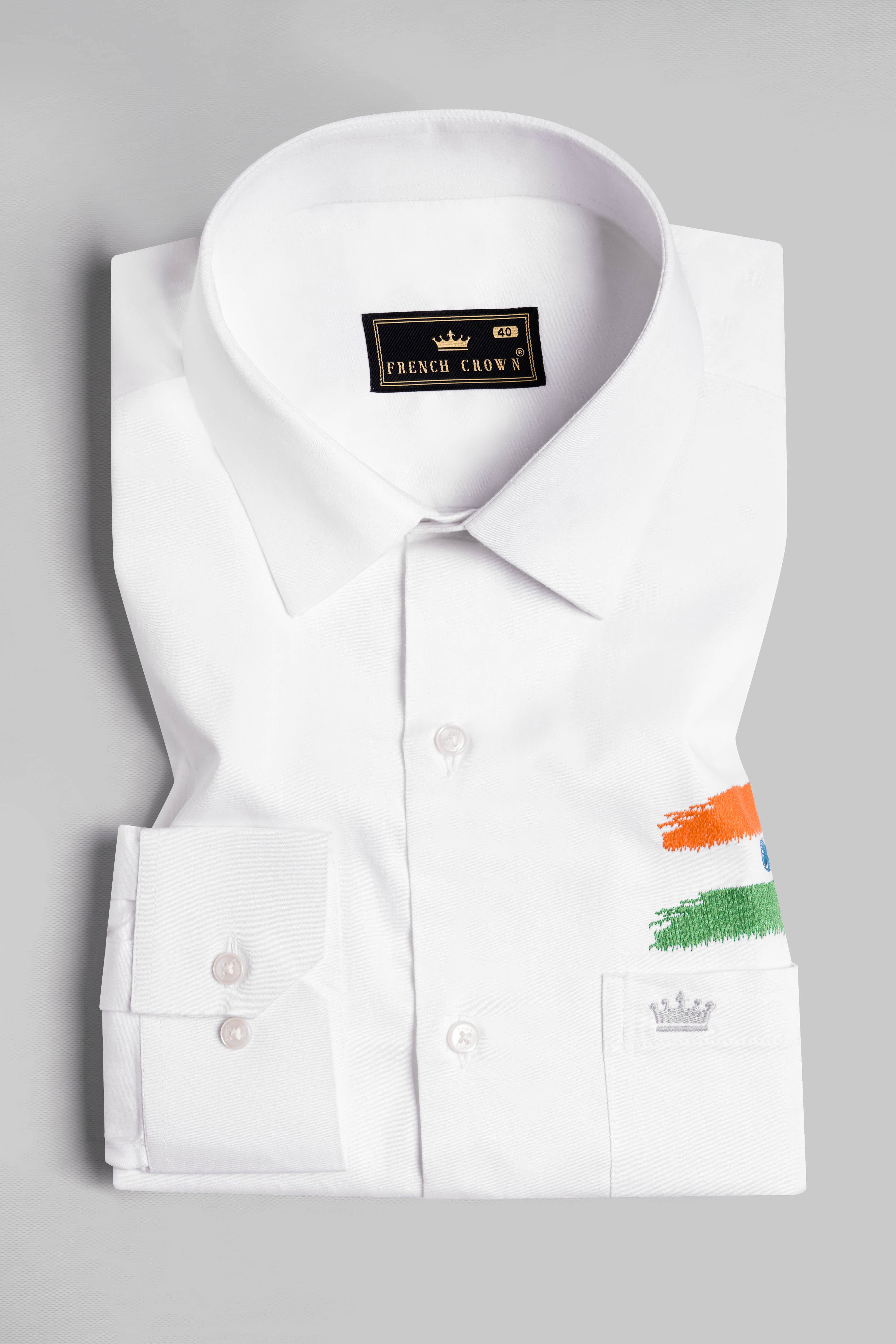 Bright White Indian Flag Embroidered Premium Cotton Designer Shirt