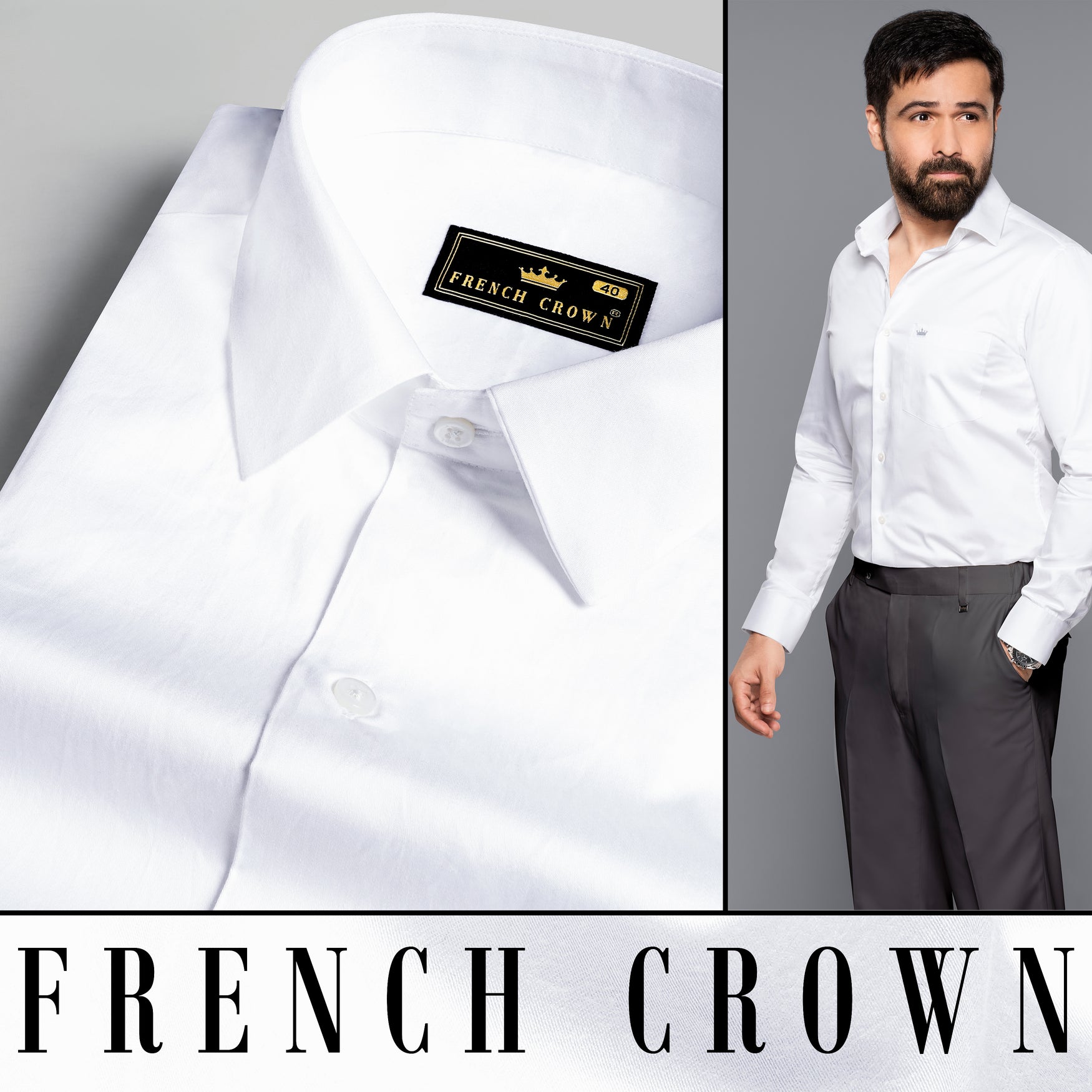 French Crown Bright White Embellished with Black Hand Casual Prints Premium Cotton Shirt For Men, 44 / XL / Full Sleeves