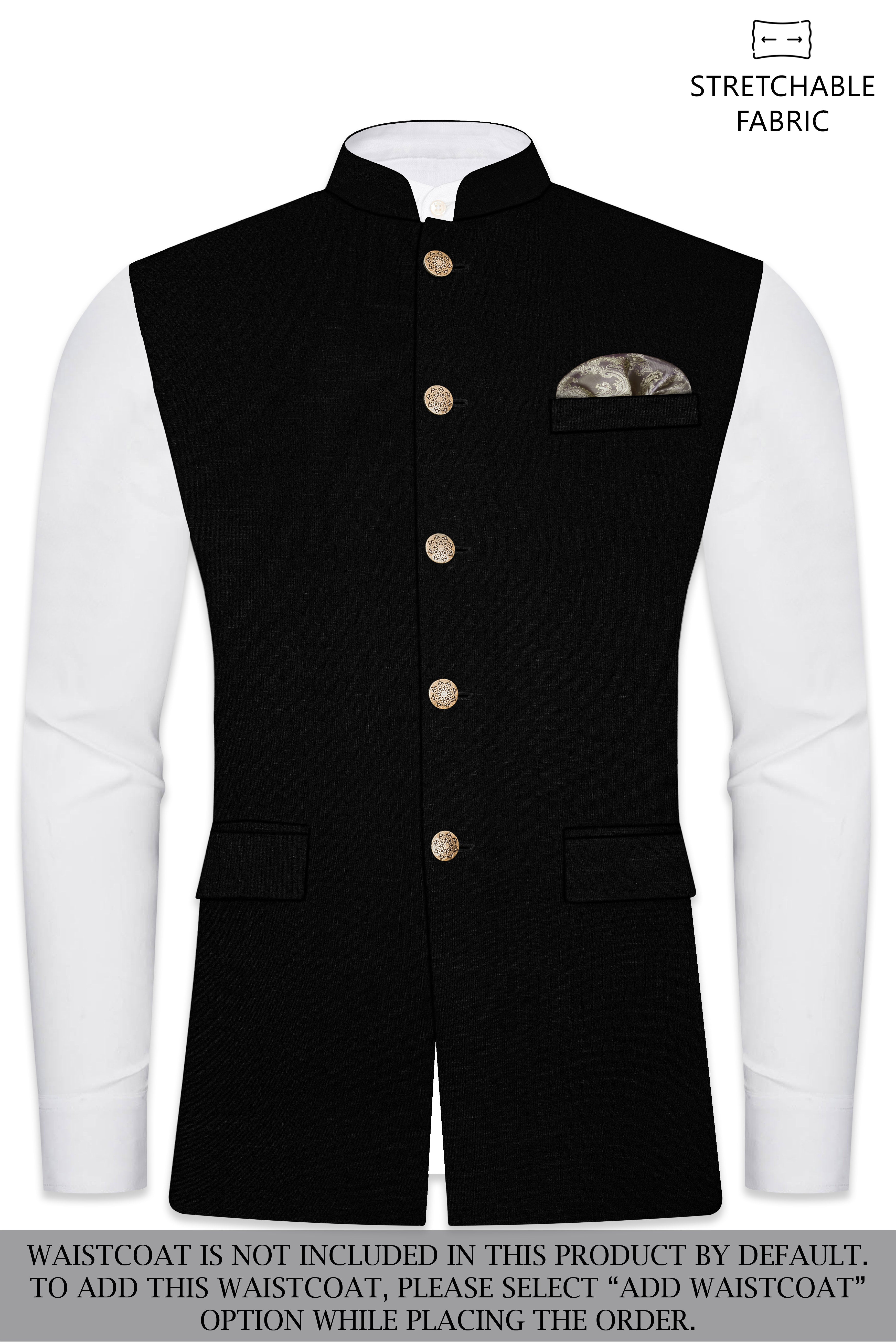 Jade Black Stretchable Subtle Sheen Cross Placket  Double Closure Bandhgala/Mandarin Suit
