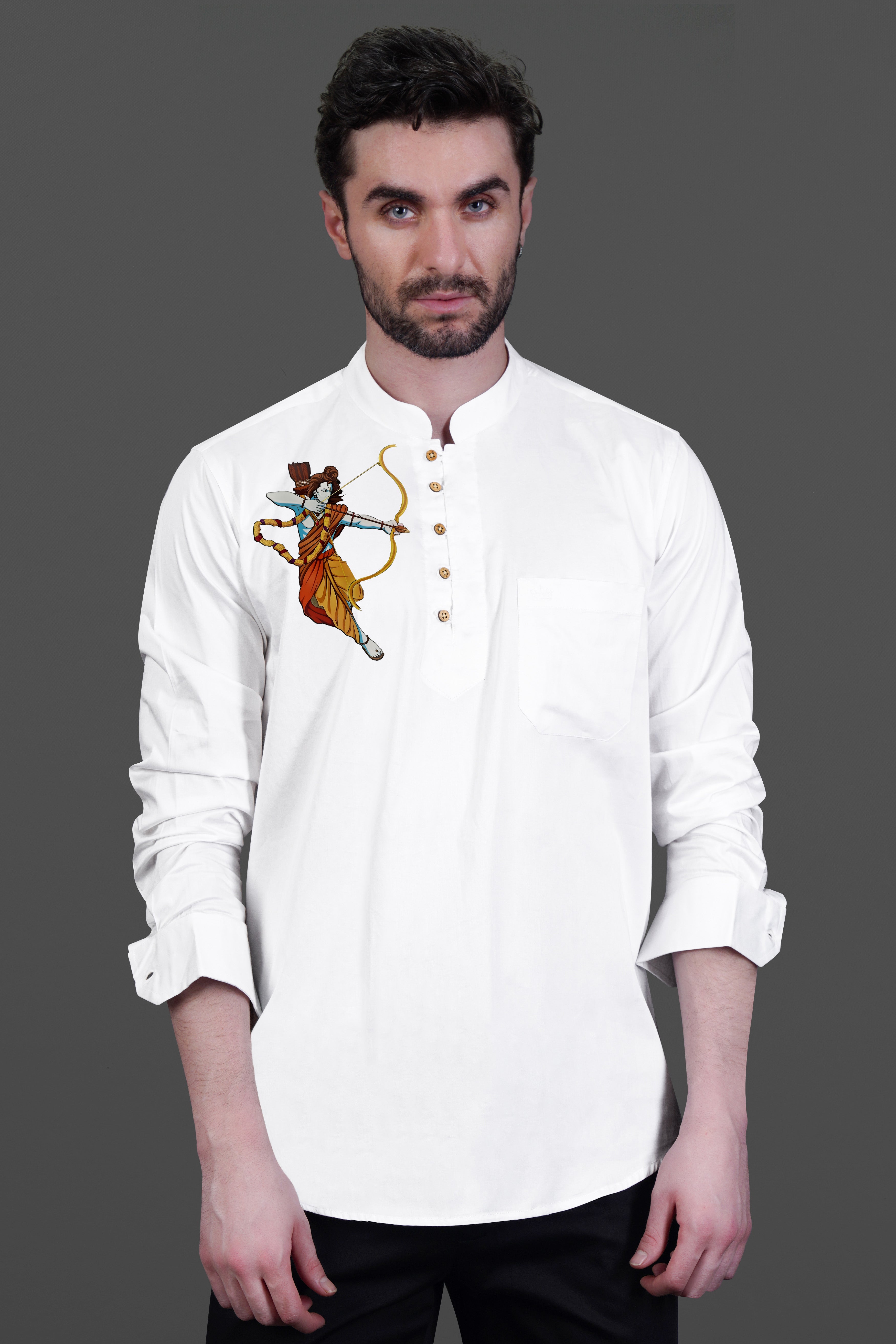 Bright White Lord Ram Printed Subtle Sheen Super Soft Premium Cotton Designer Kurta Shirt