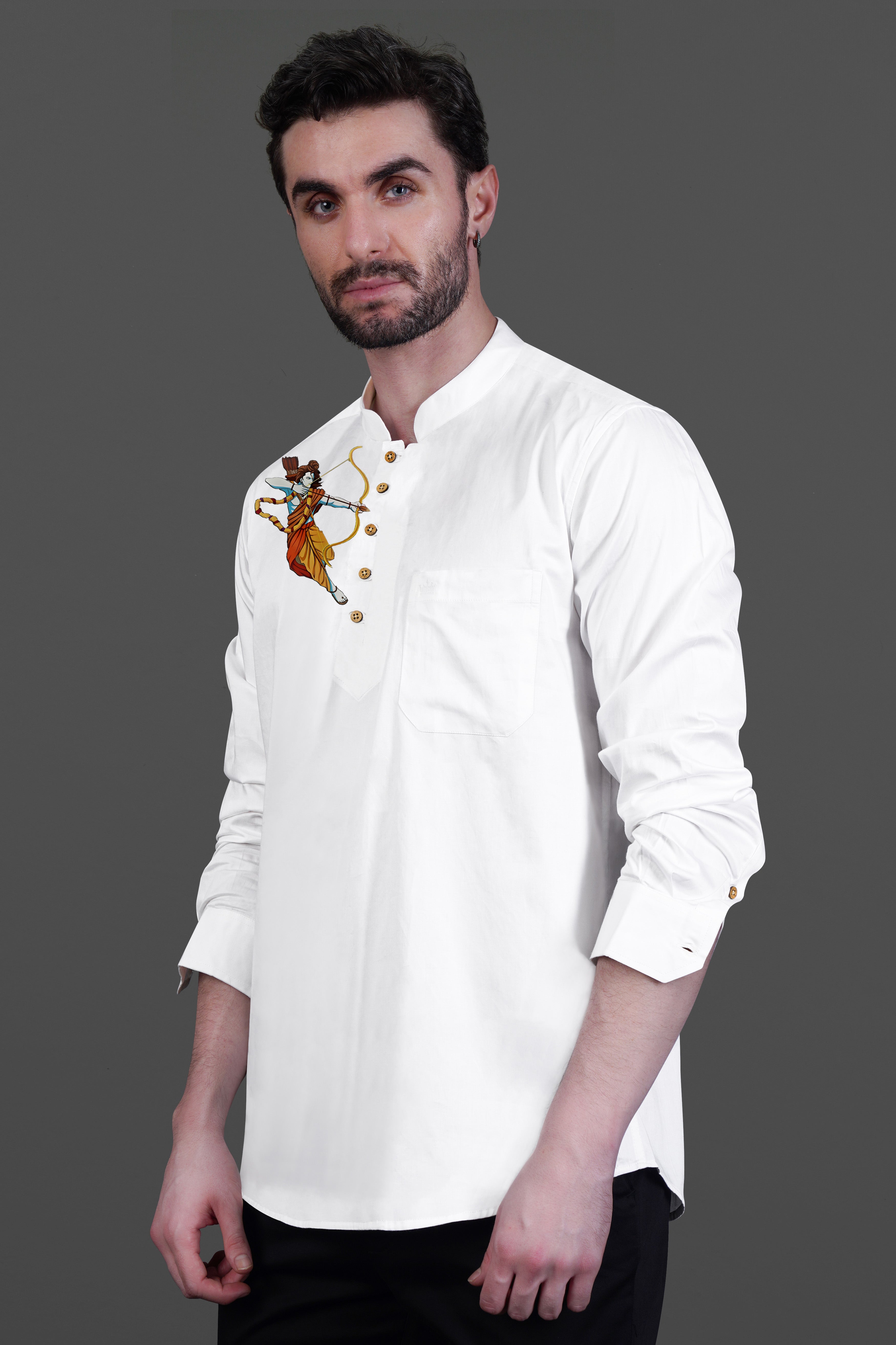 Bright White Lord Ram Printed Subtle Sheen Super Soft Premium Cotton Designer Kurta Shirt