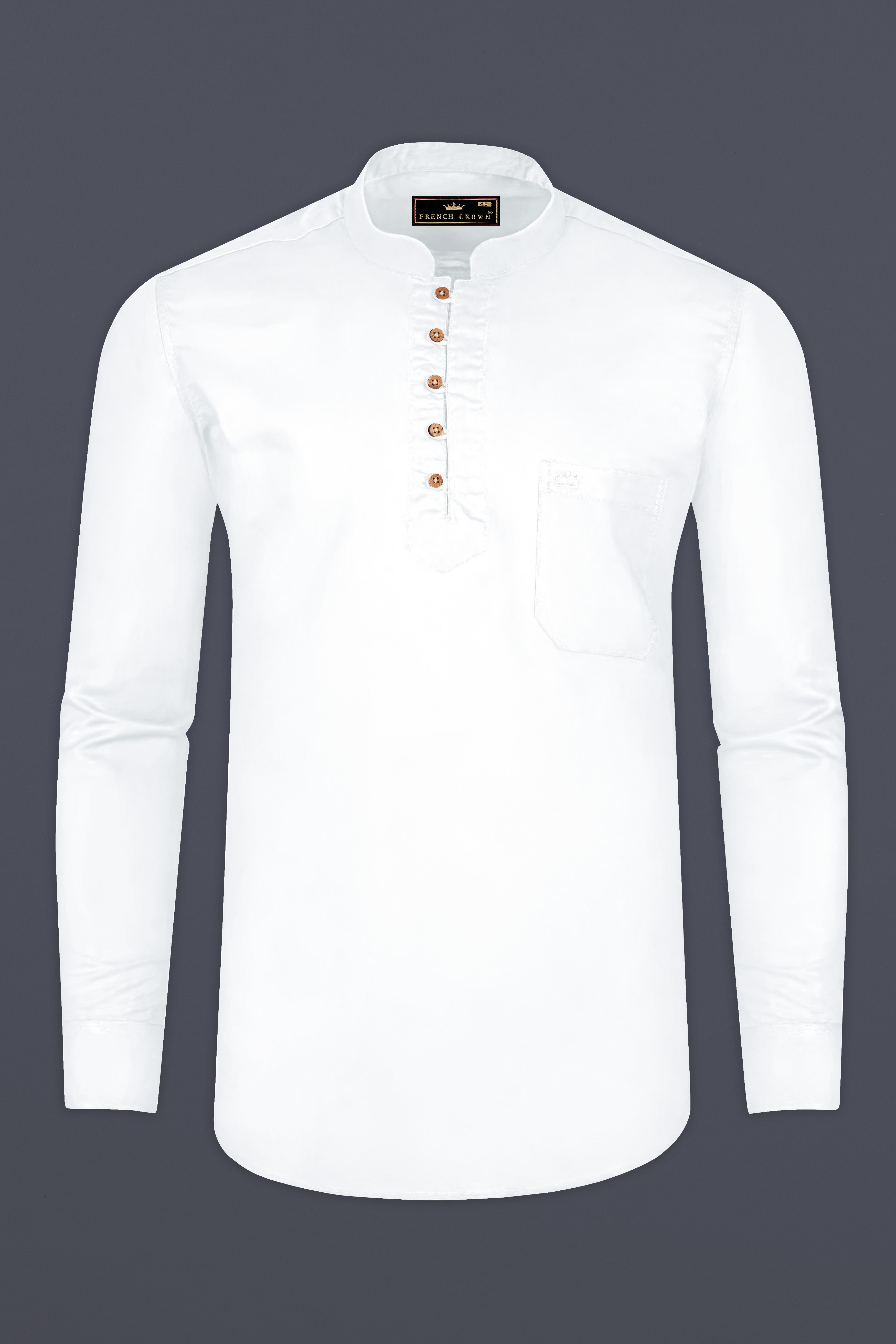 Bright White Subtle Sheen Indian Kurta Style Super Soft Giza Cotton SHIRT