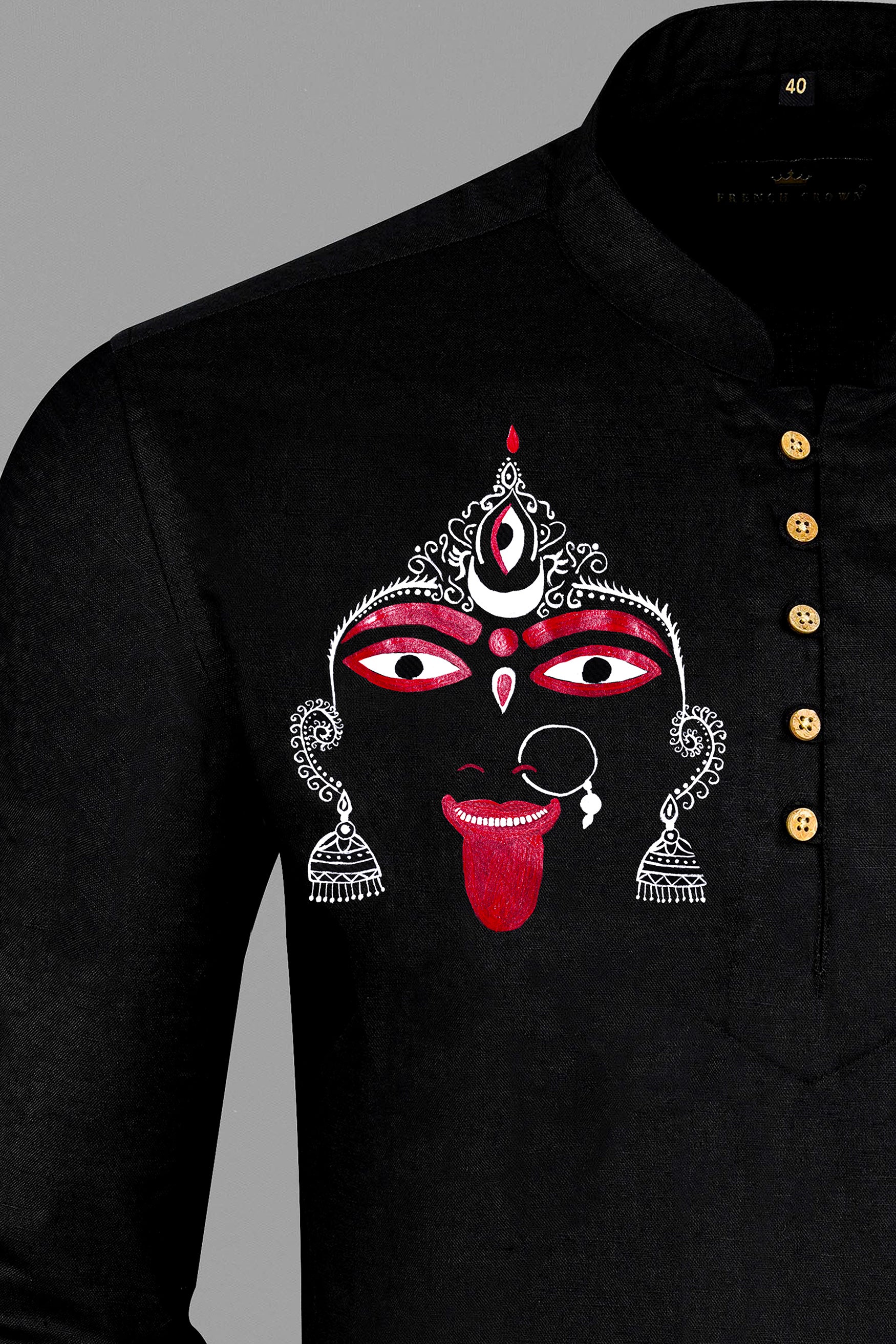 Jade Black Kali Maa Hand Painted Luxurious Linen Designer Kurta Shirt