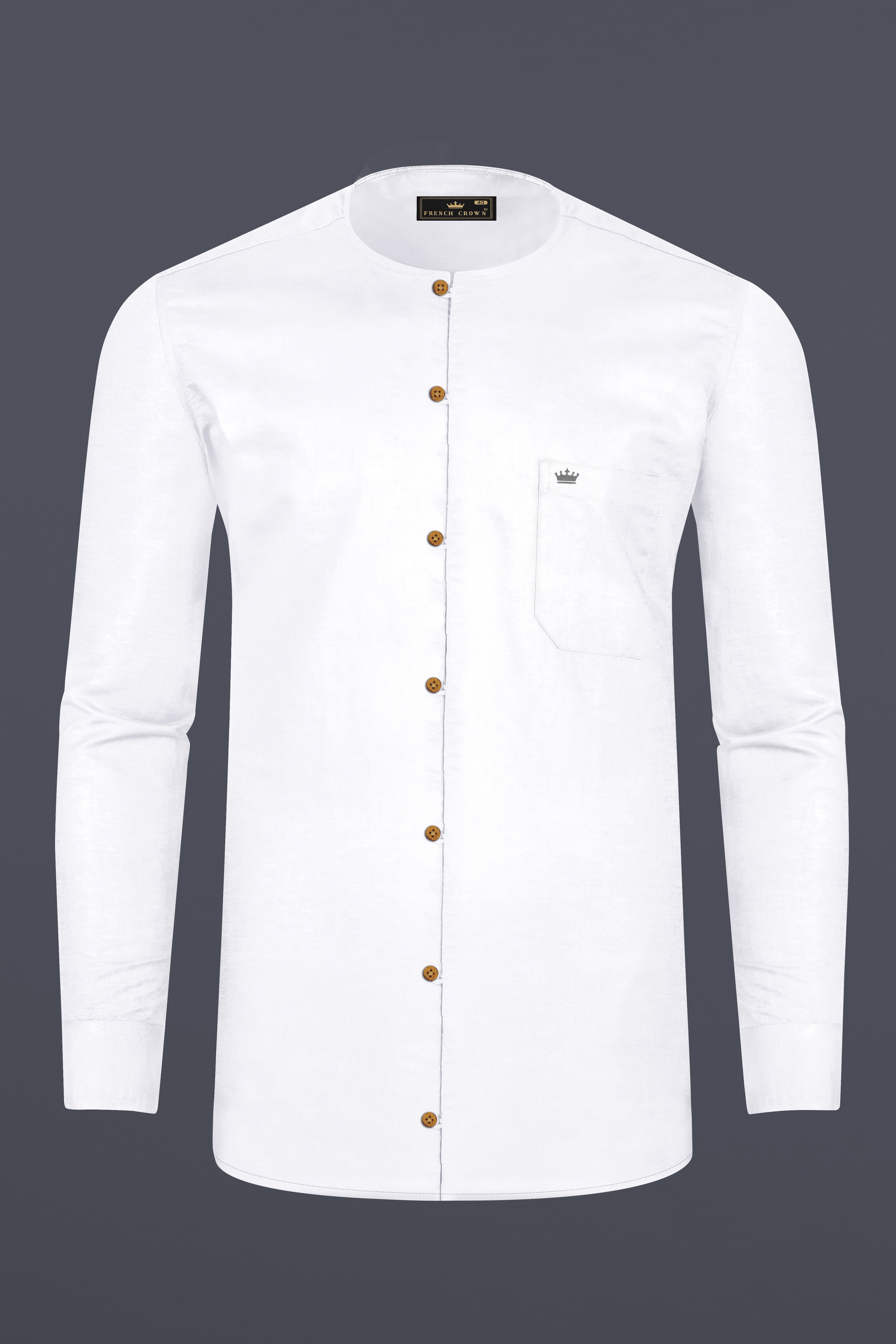 Bright White Collarless Luxurious Linen Shirt