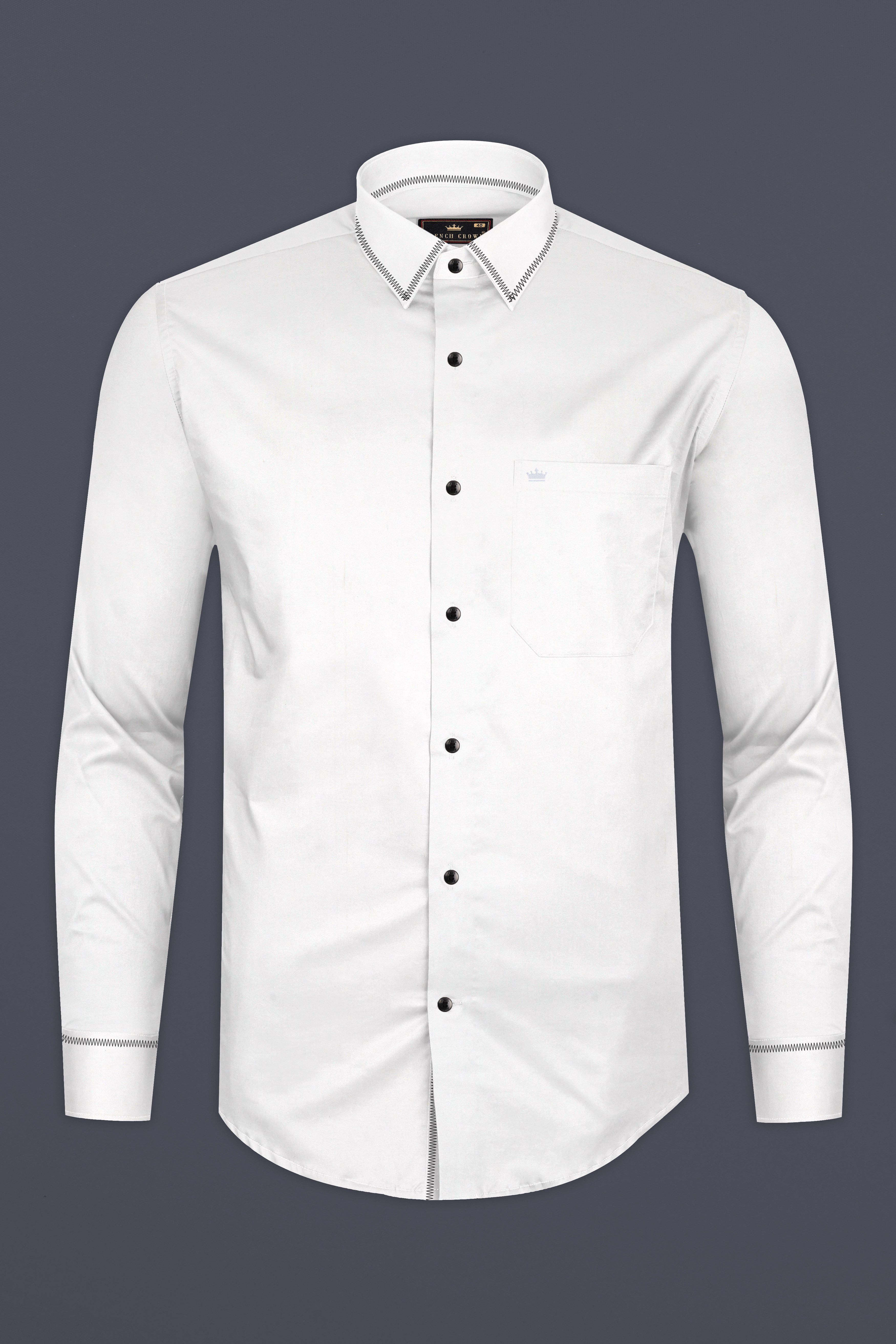 Bright White Subtle Sheen Zigzag Stitching Patterned Designer Super Soft Giza Cotton SHIRT