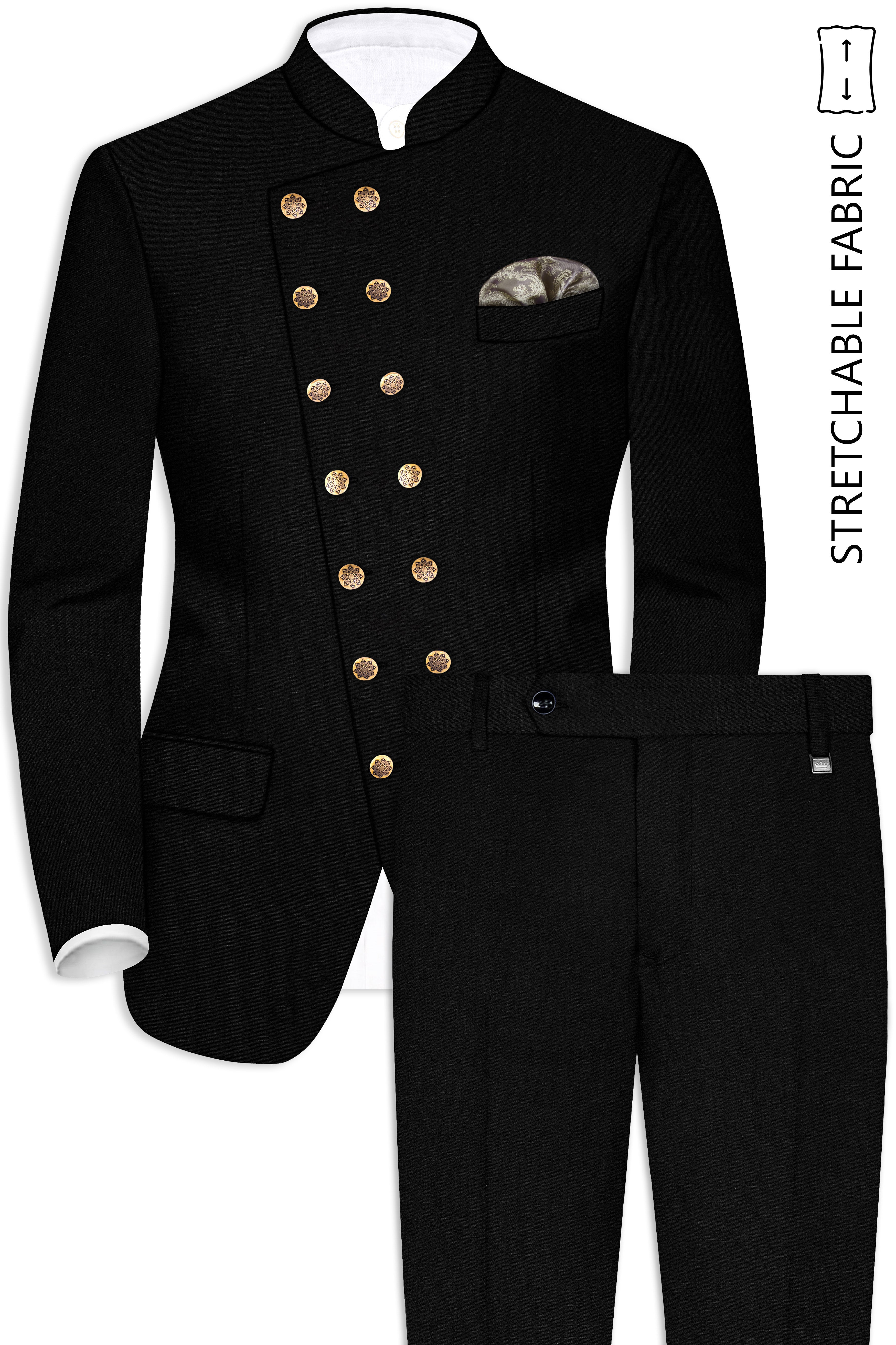 Jade Black Stretchable Subtle Sheen Cross Placket  Double Closure Bandhgala/Mandarin Suit