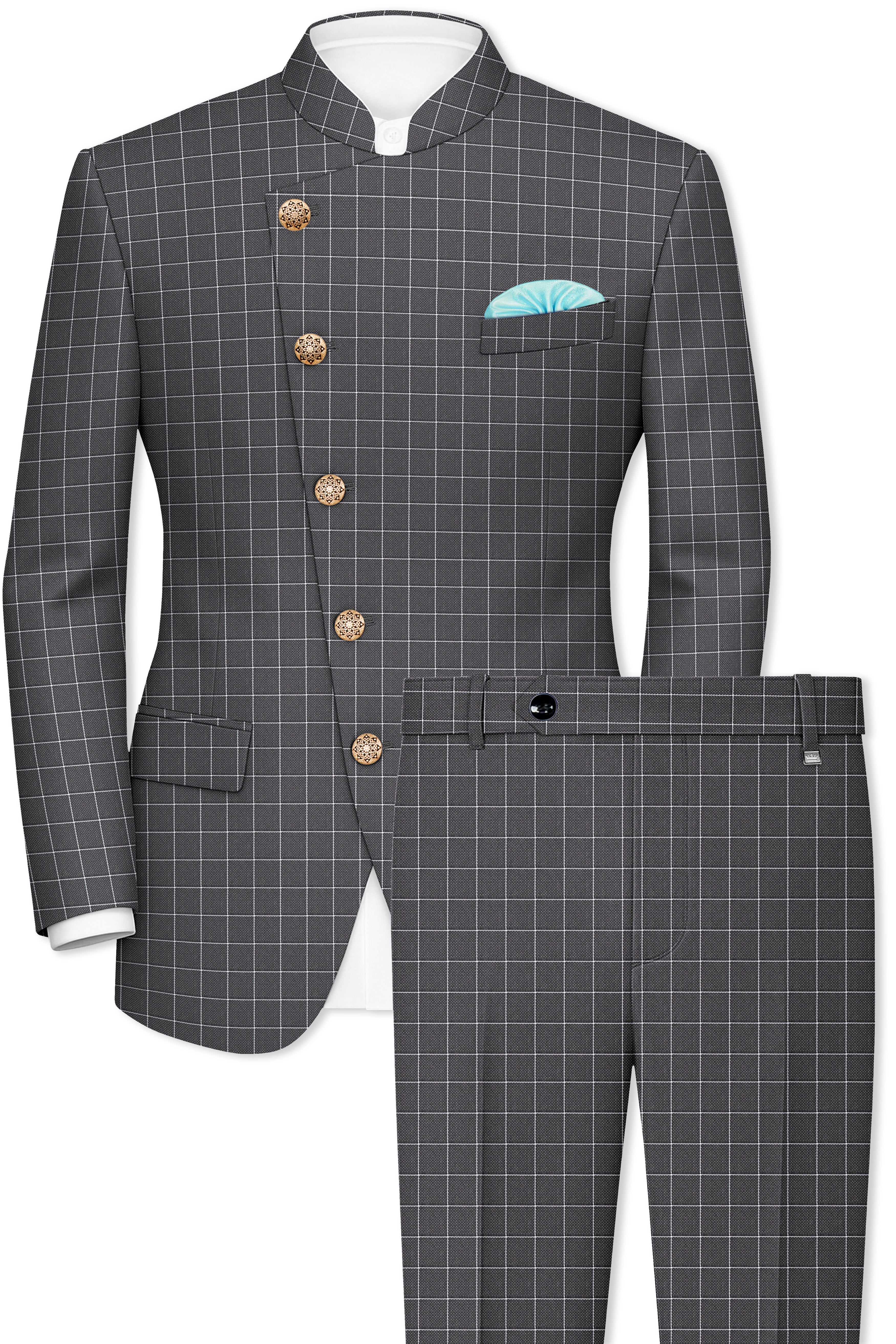 Mortar Gray Checkered Cross Placket Bandhgala Suit