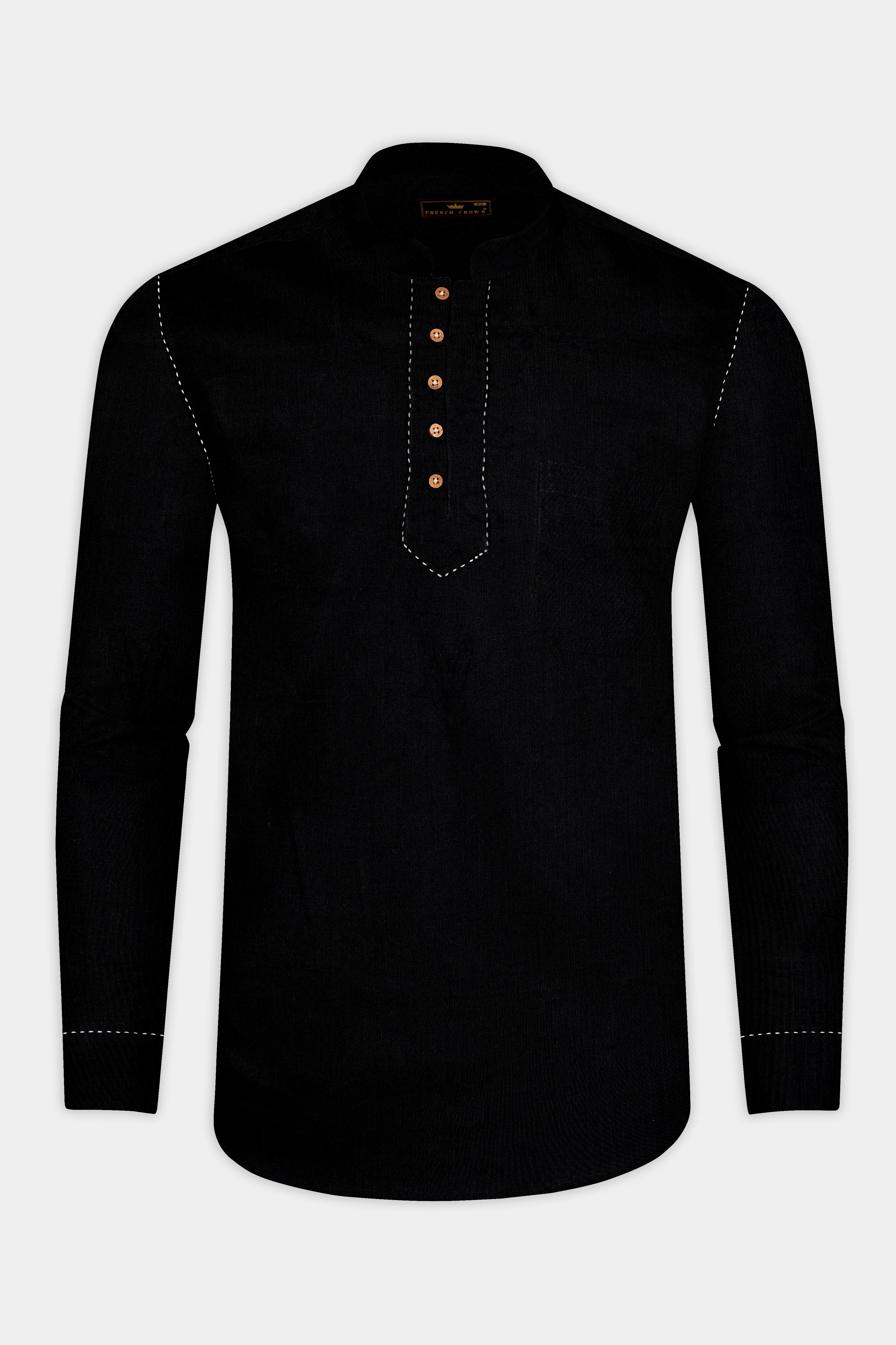 Jade Black Rice Stitching Patterned Indian Kurta Style Super Soft Giza Cotton Shirt