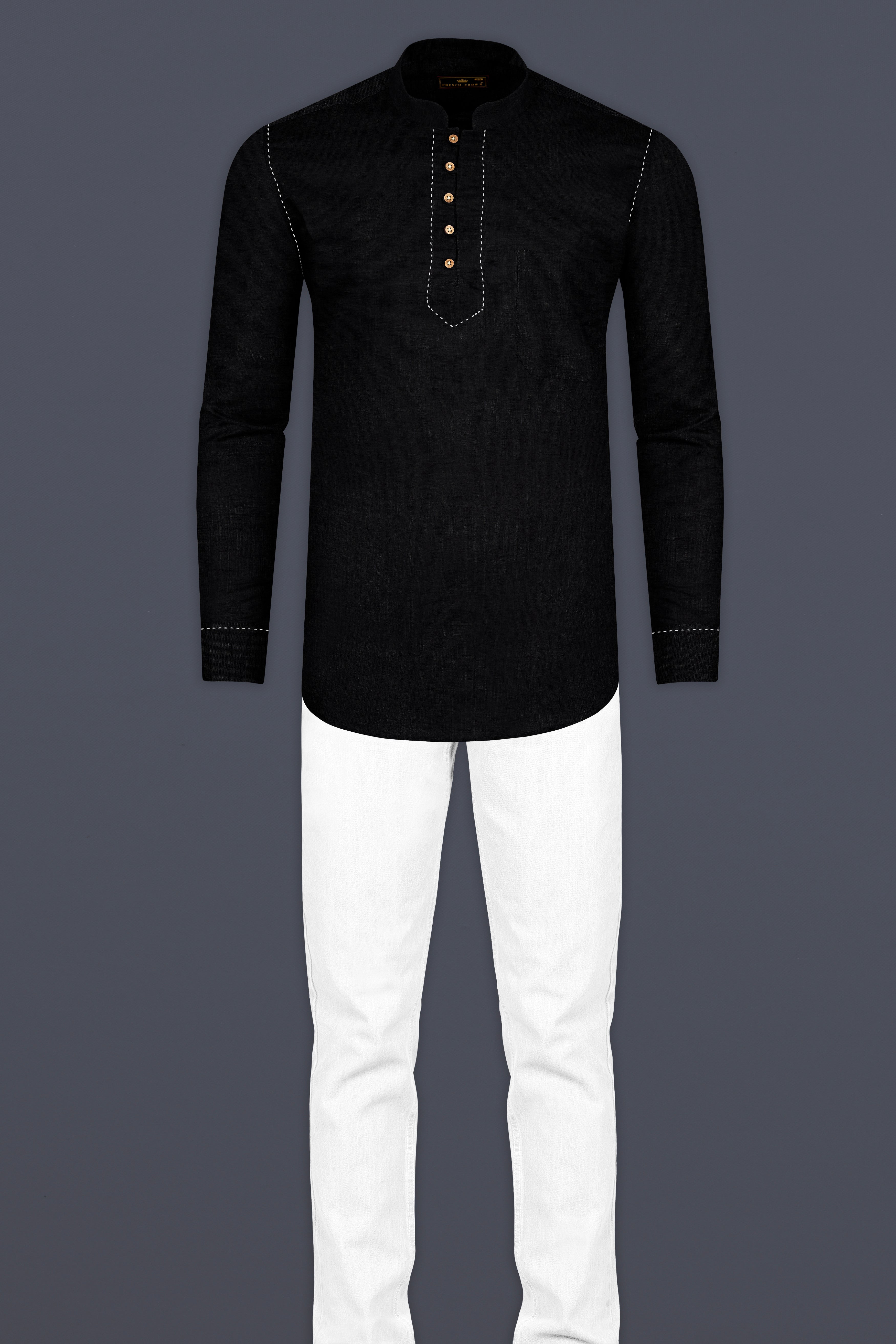 Jade Black Rich stitched Indian Kurta Style Luxurious Linen Shirt