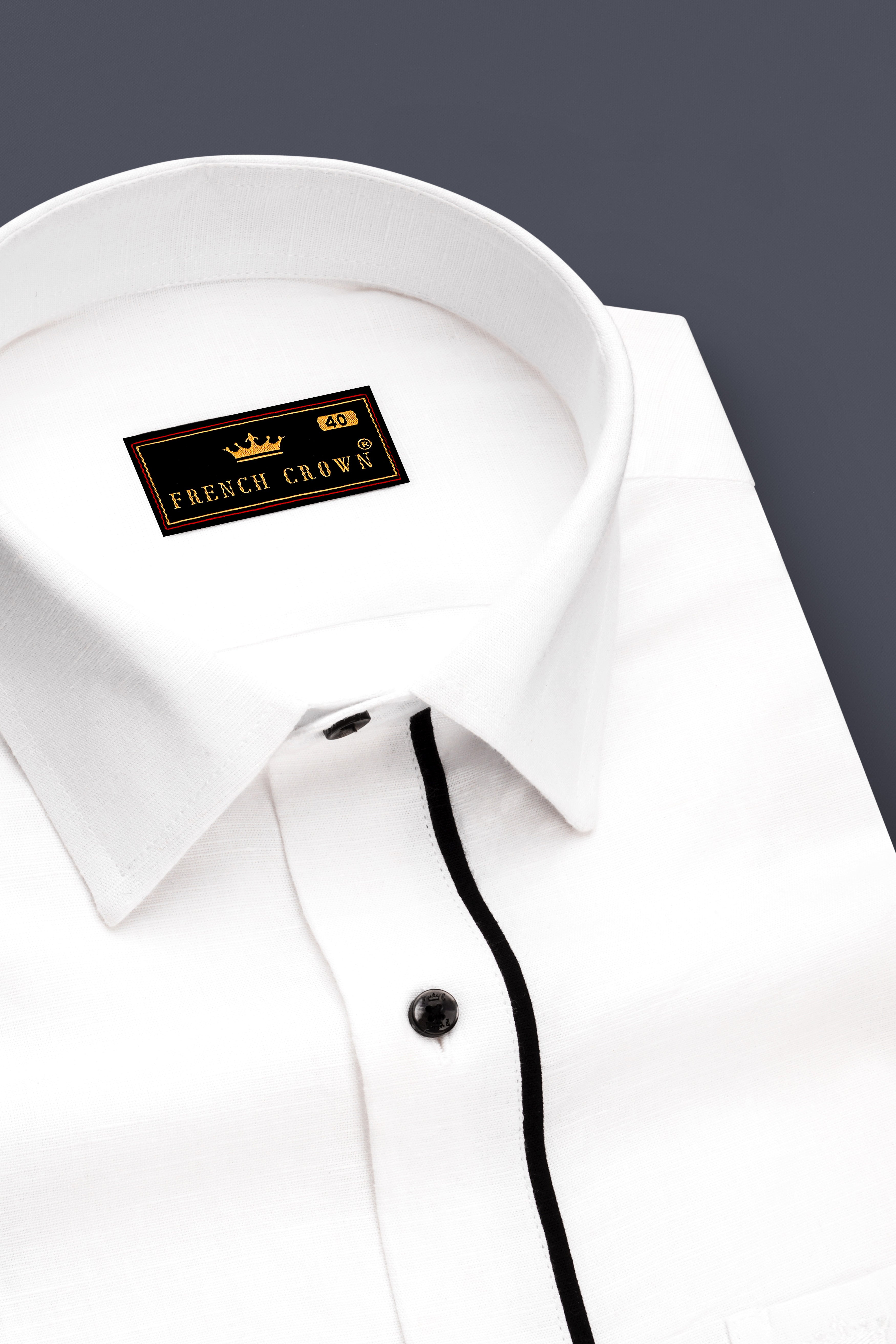 Bright White with Black Piping Luxurious Linen Shirt