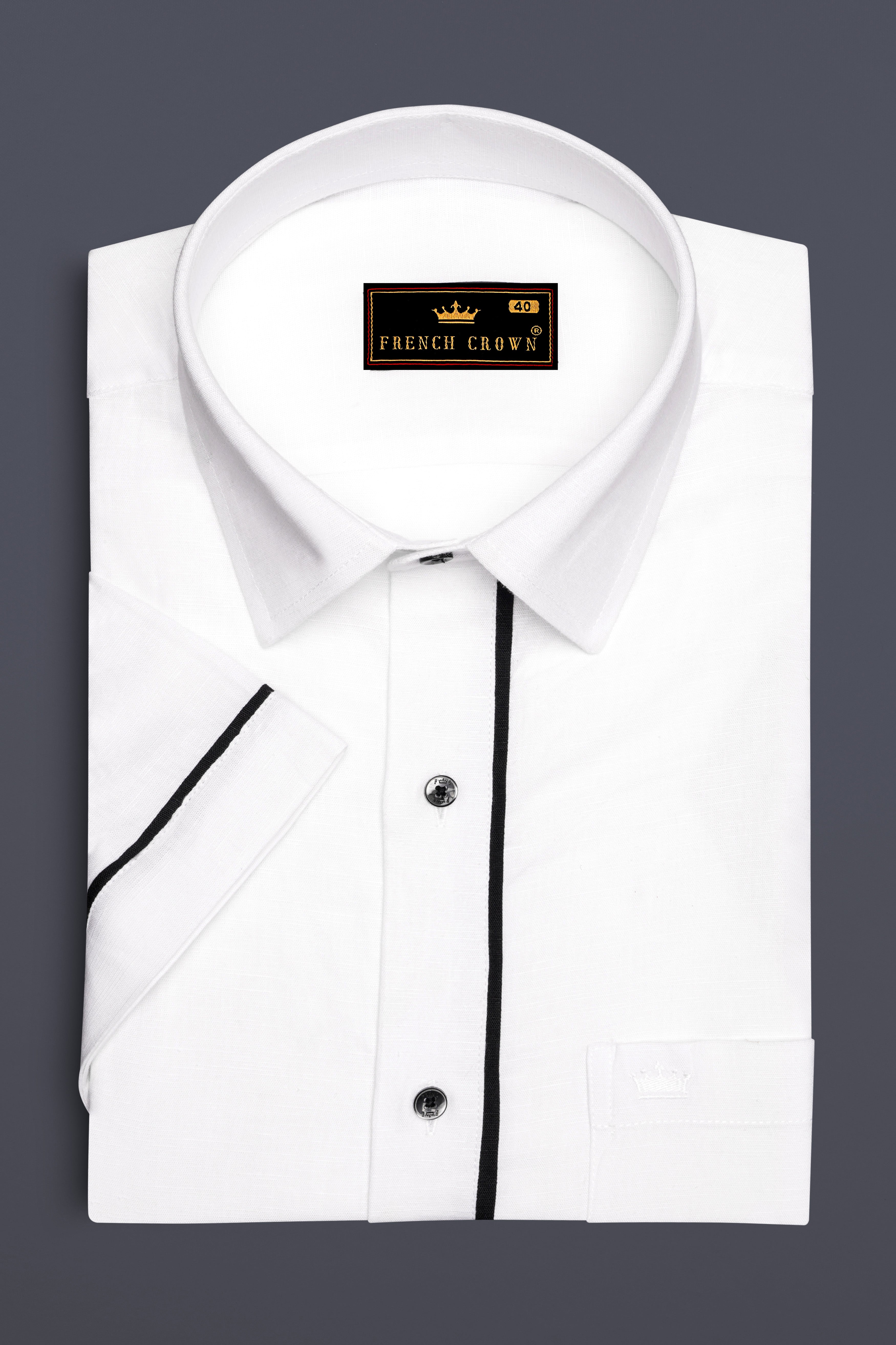Bright White with Black Piping Luxurious Linen Shirt