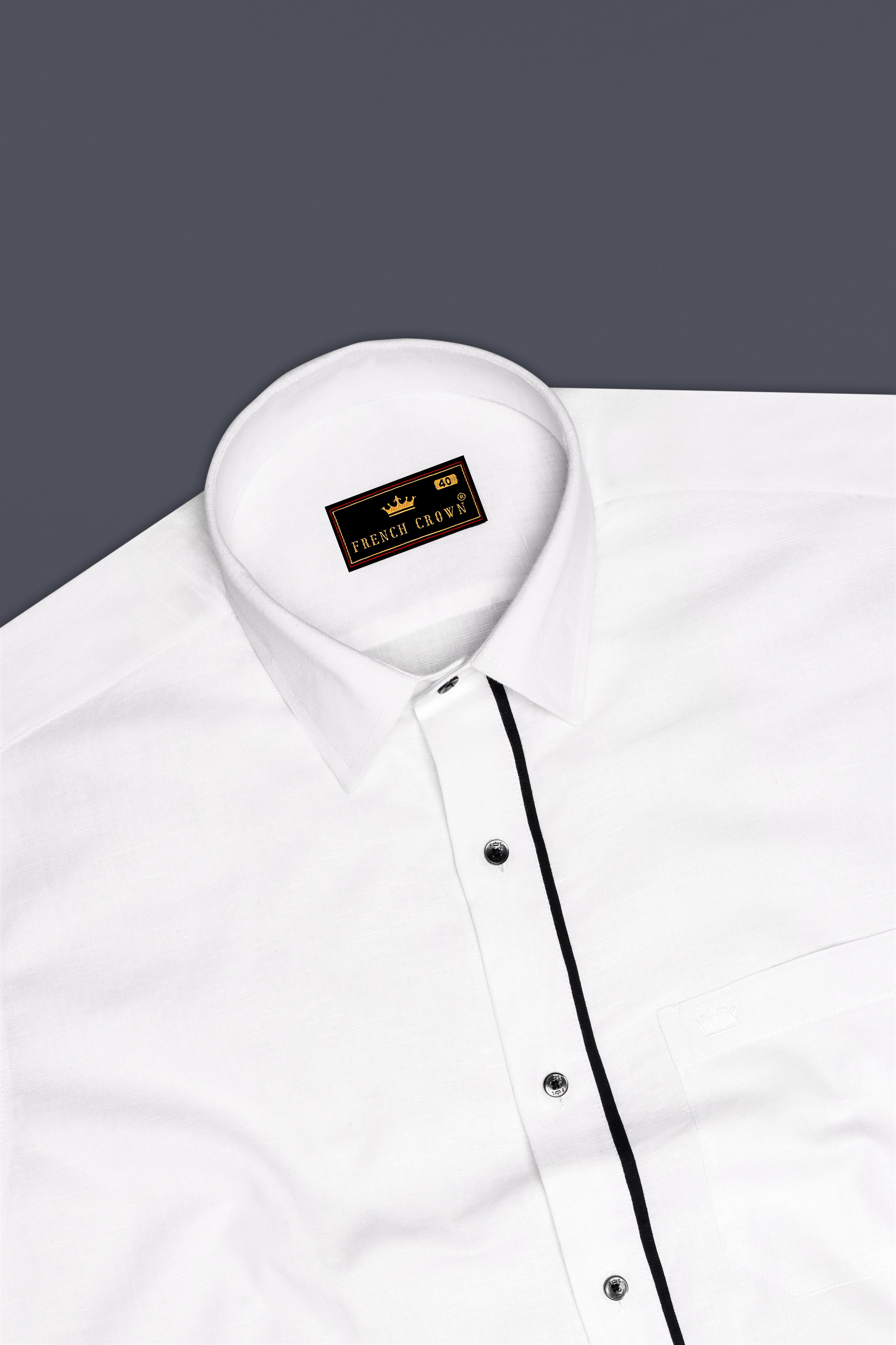 Bright White with Black Piping Luxurious Linen Shirt