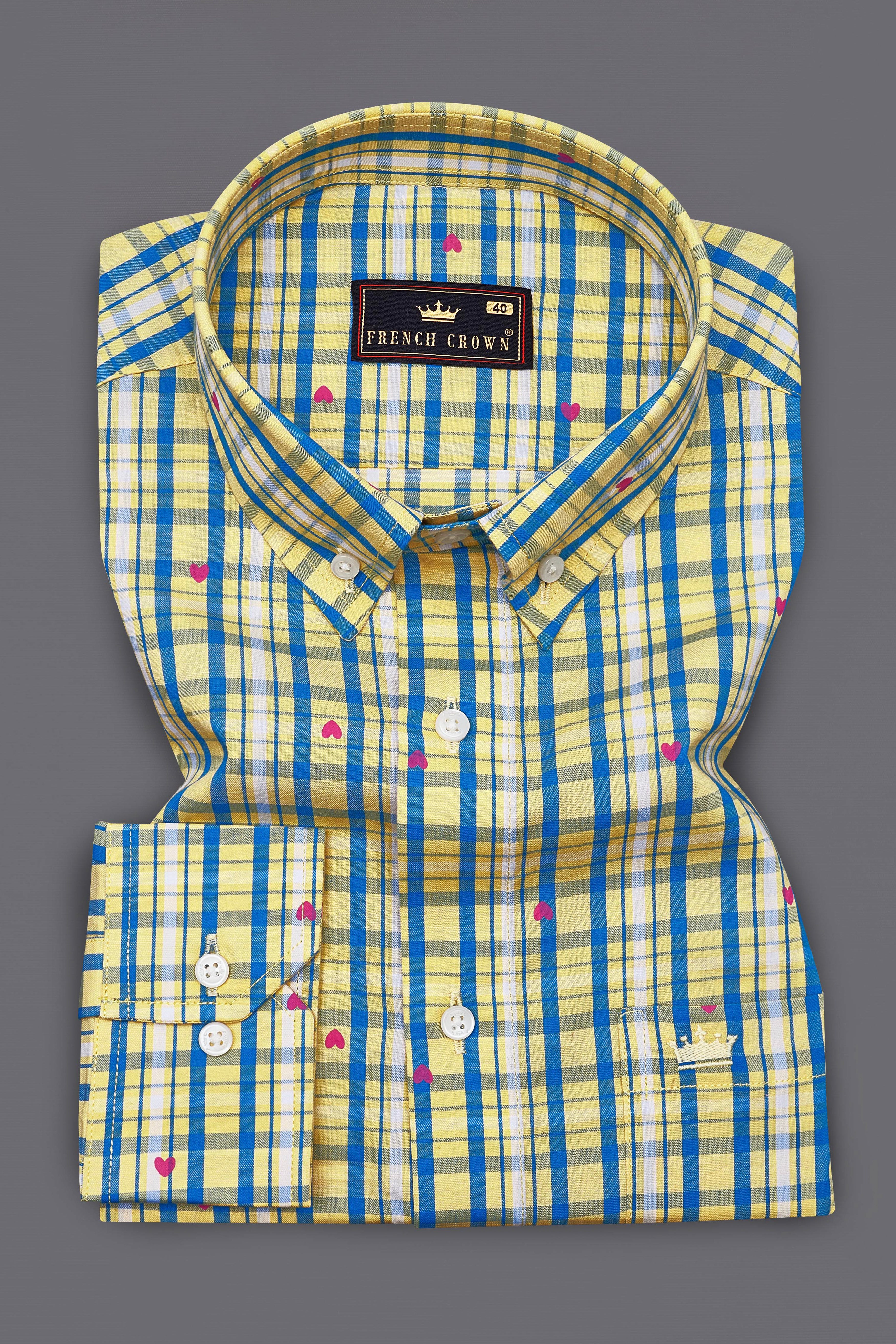 Marzipan Yellow with Matisse Blue Checkered with Heart Printed Premium Cotton Shirt