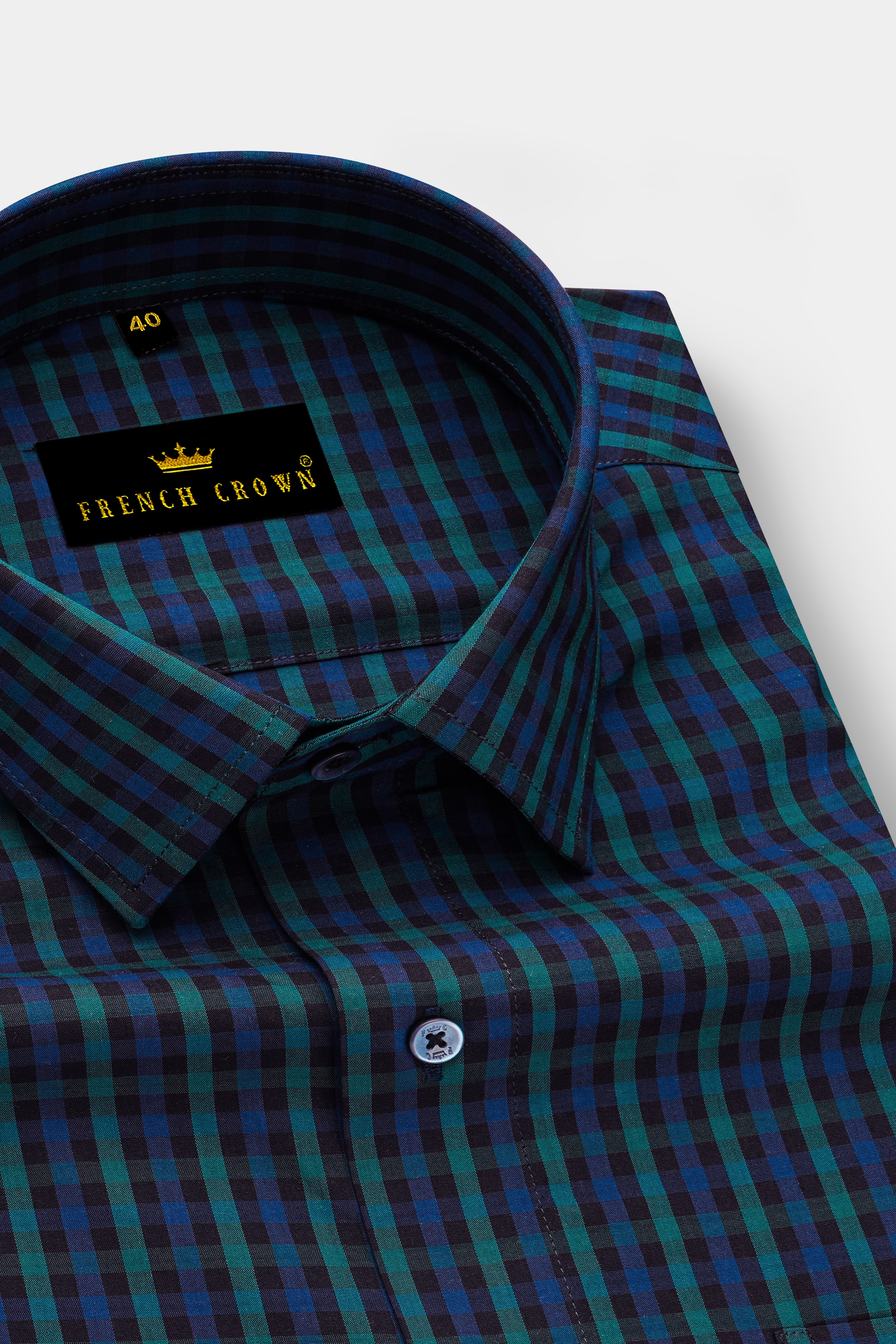 Navy And Green Gingham Premium Cotton Shirt