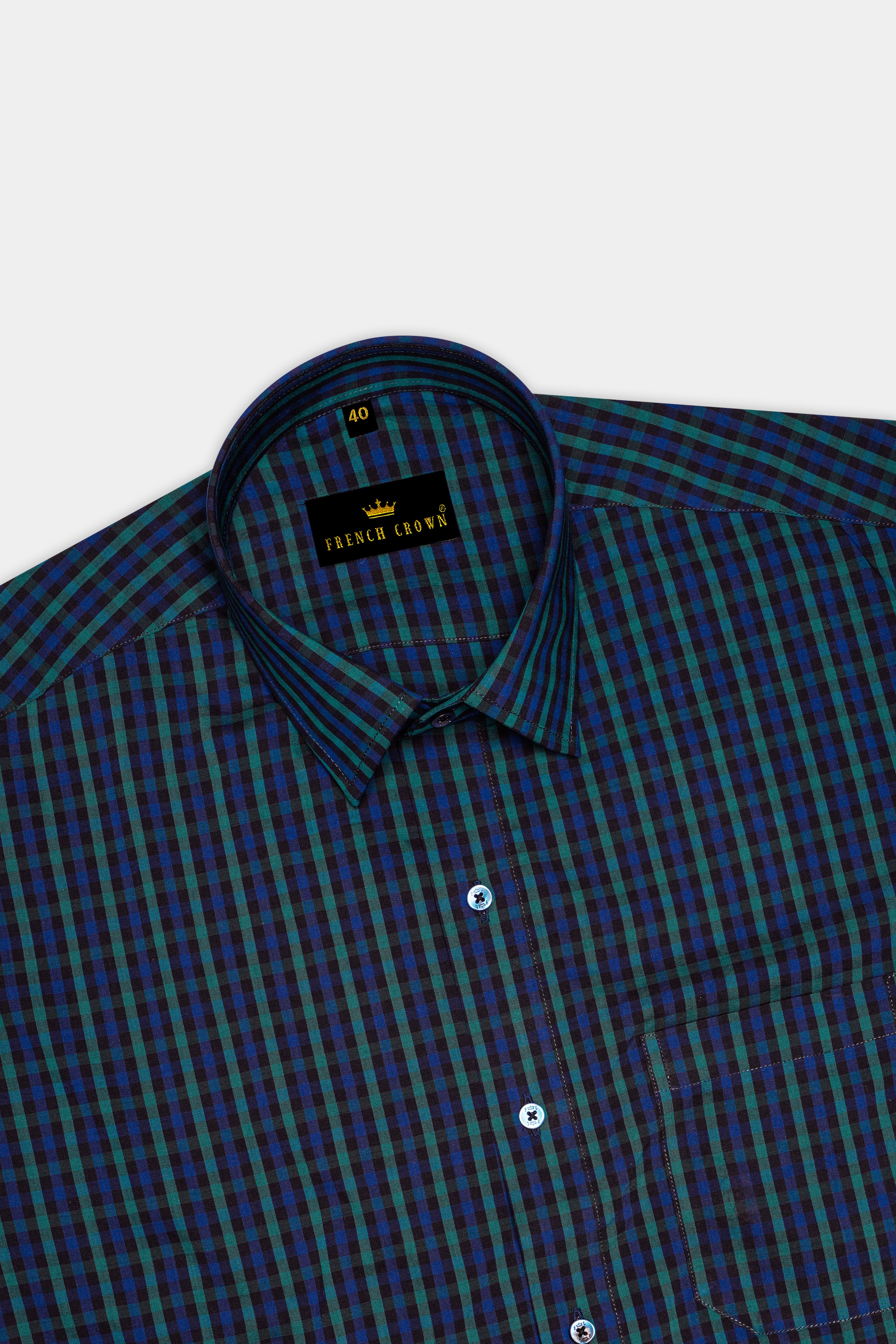 Navy And Green Gingham Premium Cotton Shirt