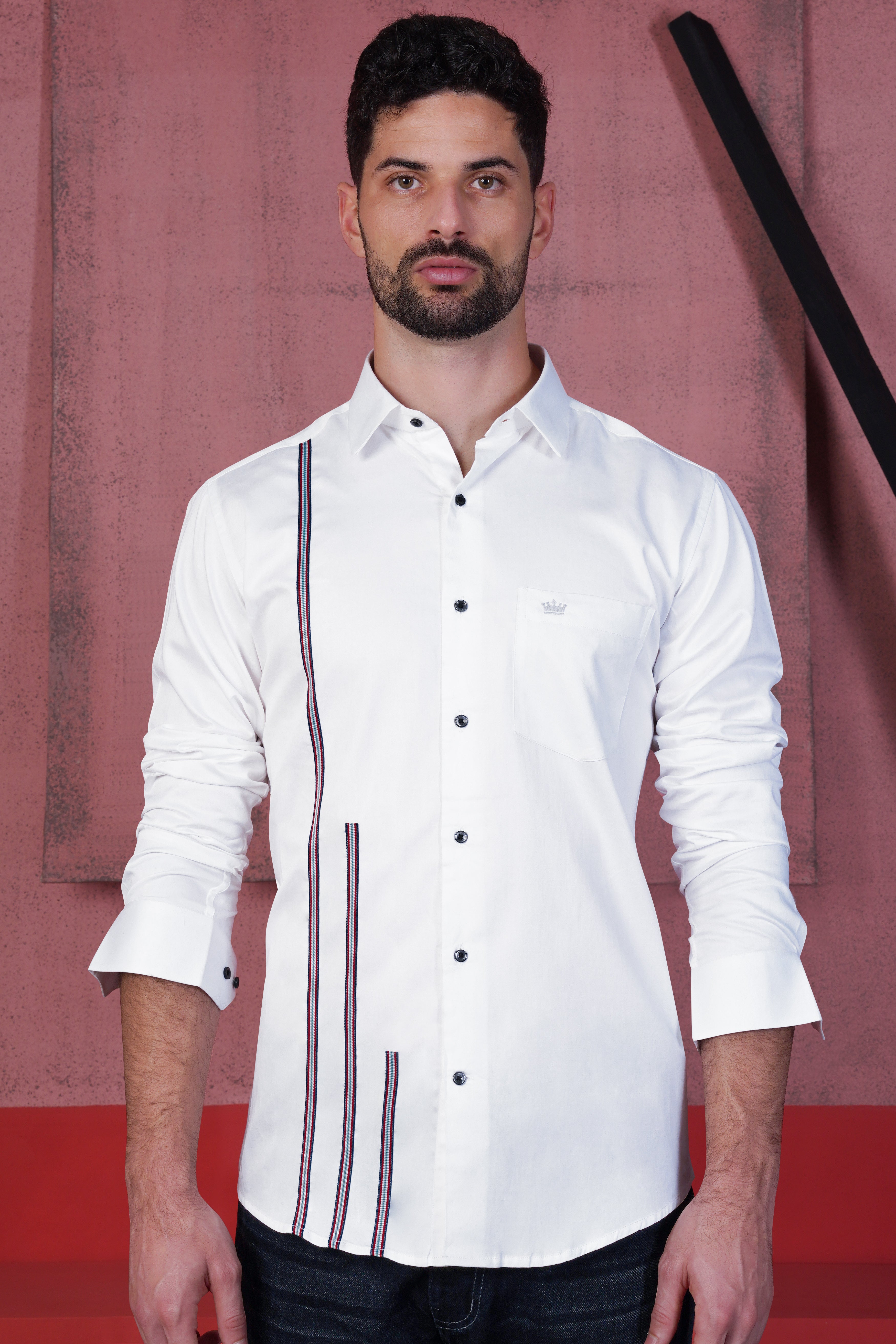Bright White with Salomie and Black Subtle Sheen Triple Stripes Premium Satin Shirt