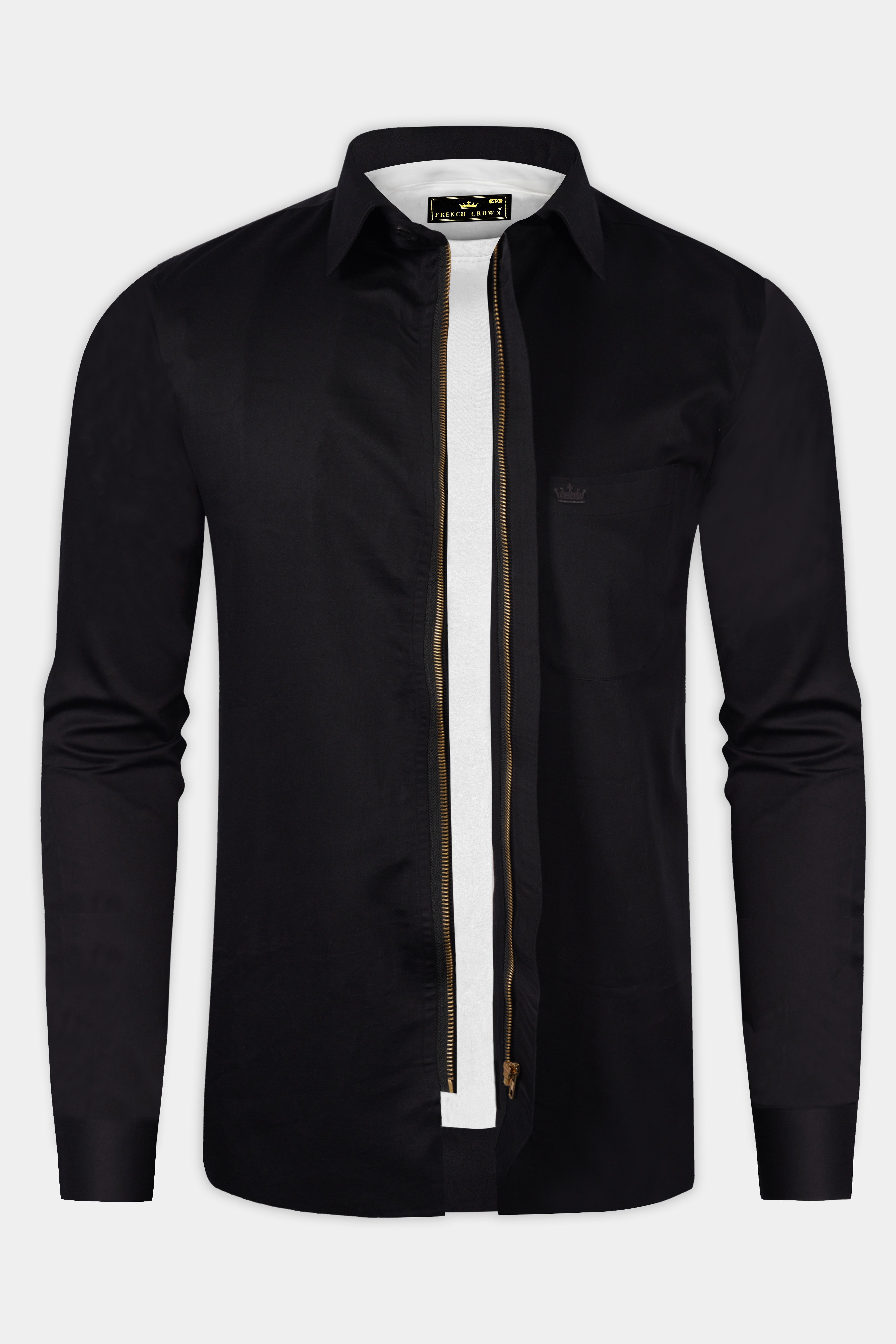 Jade Black Premium Satin Zipper Shirt